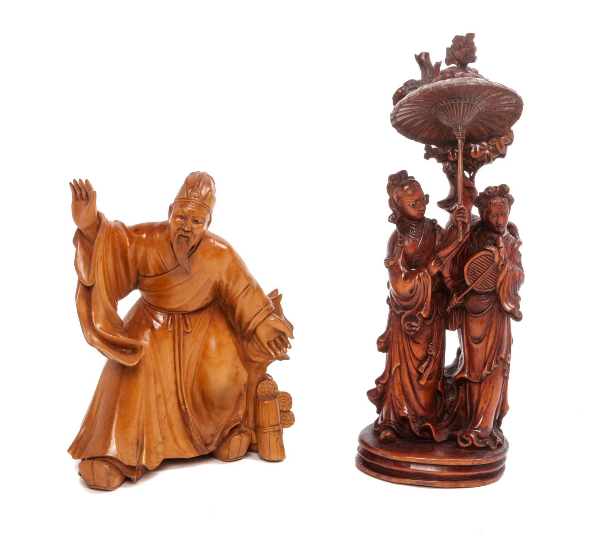 Two Chinese Carved Wood Figures Height of taller 8 inches.