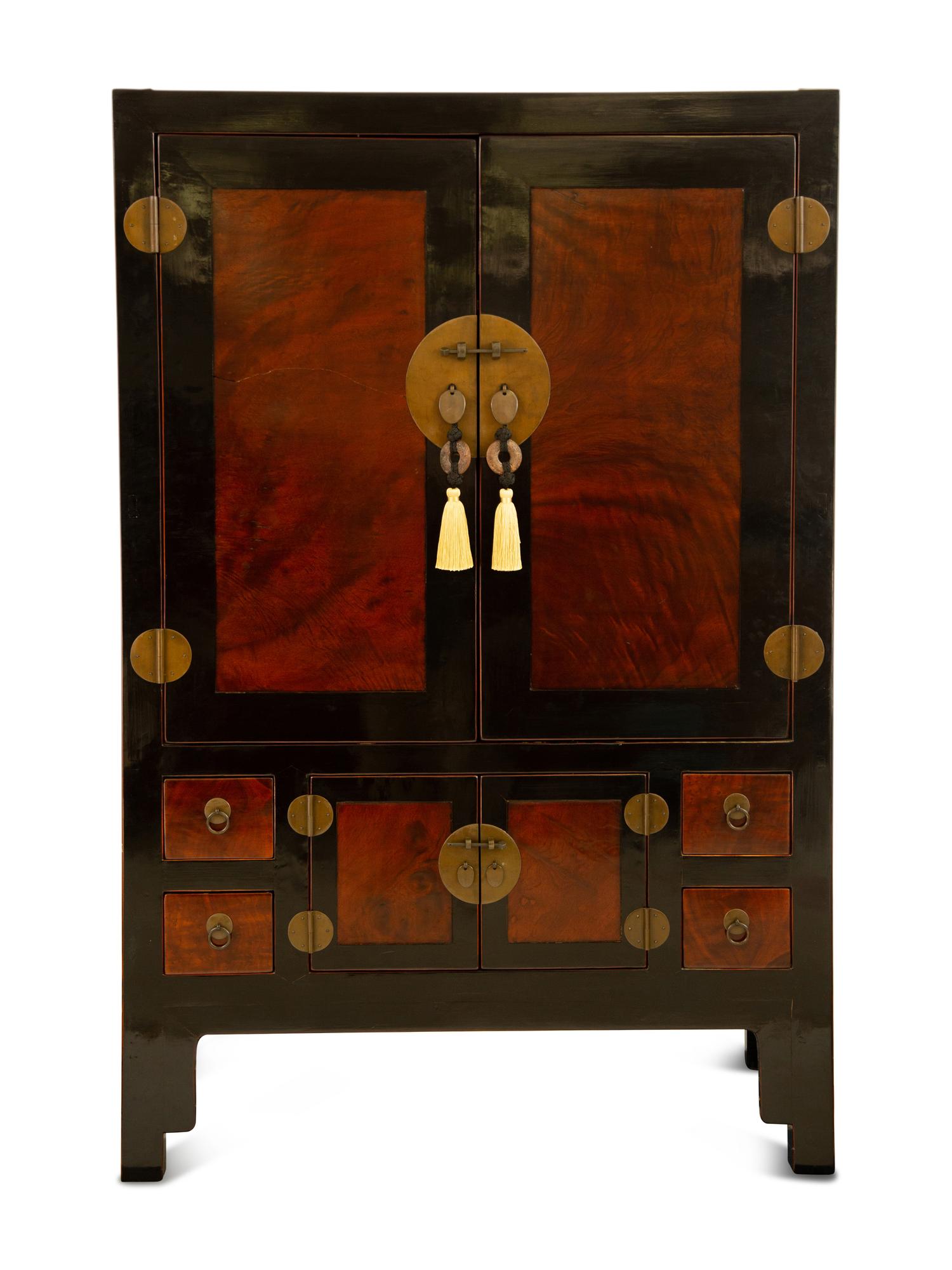 A Chinese Ming Style Black Lacquer and Elm Wood Cabinet