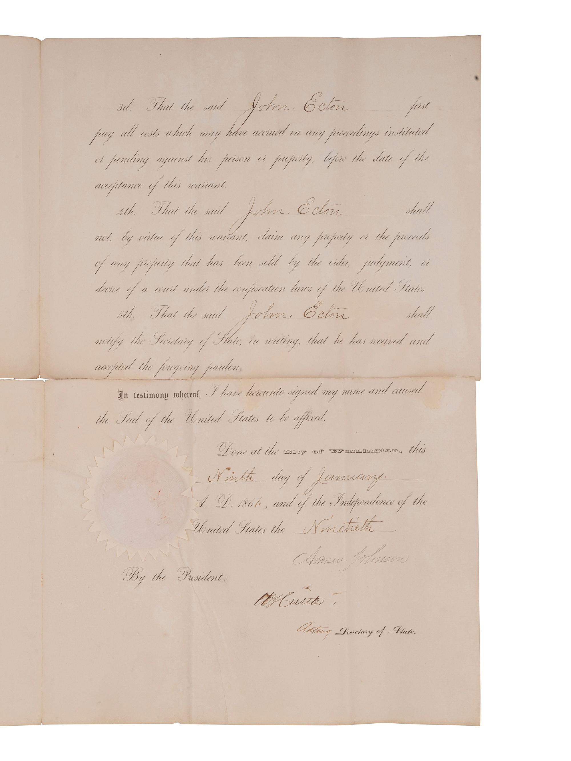 [CIVIL WAR] -- [RECONSTRUCTION] -- JOHNSON, Andrew (1808-1875). A group of three pardons stamp-signed by President Andrew Johnson, two granting amnesty to men associated with Confederate guerillas from Clay County, Missouri.