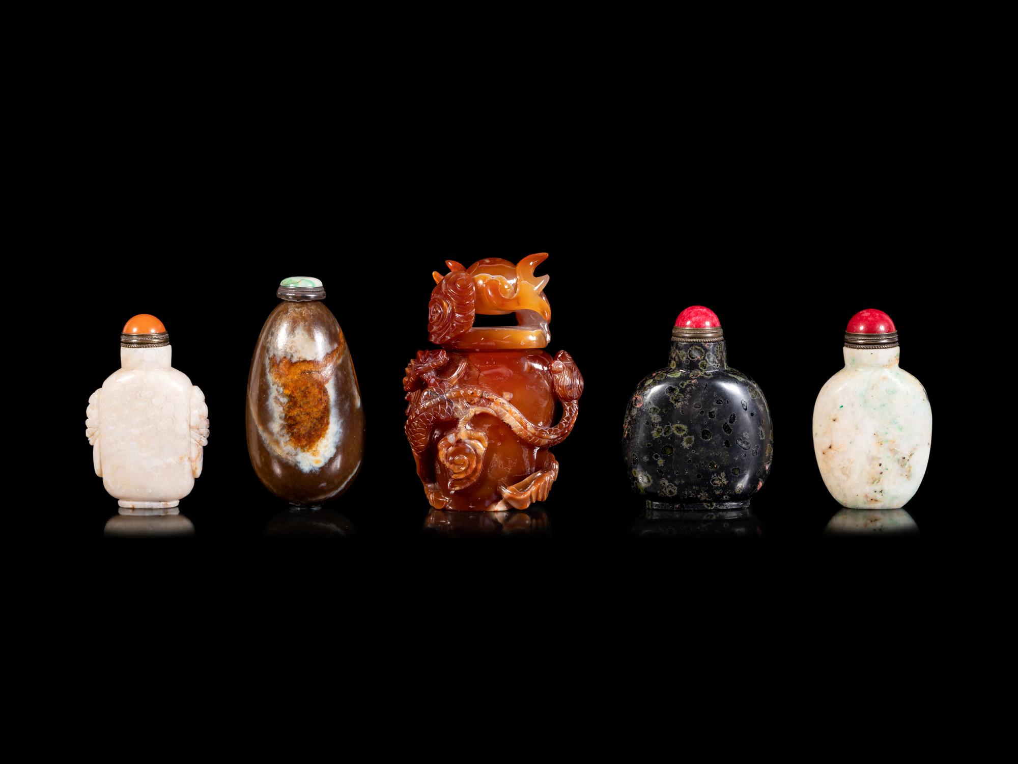 Five Chinese Hardstone Snuff Bottles
