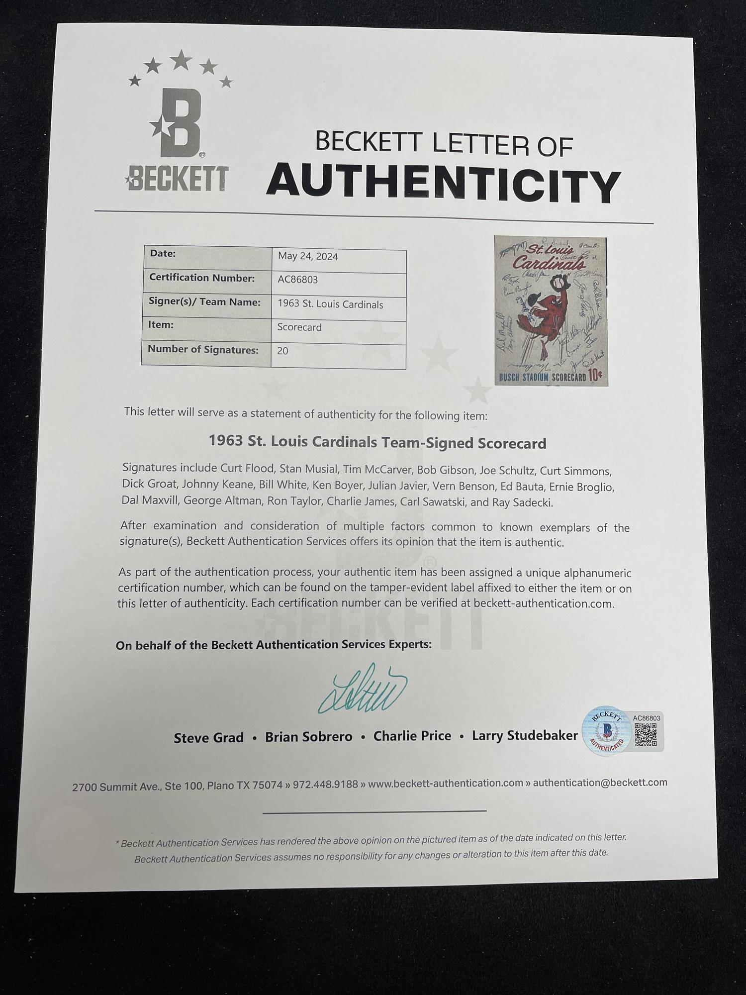 A 1963 St. Louis Cardinals Multi Signed Autograph Program Scorecard Featuring Stan Musial (Beckett Authentication Services)