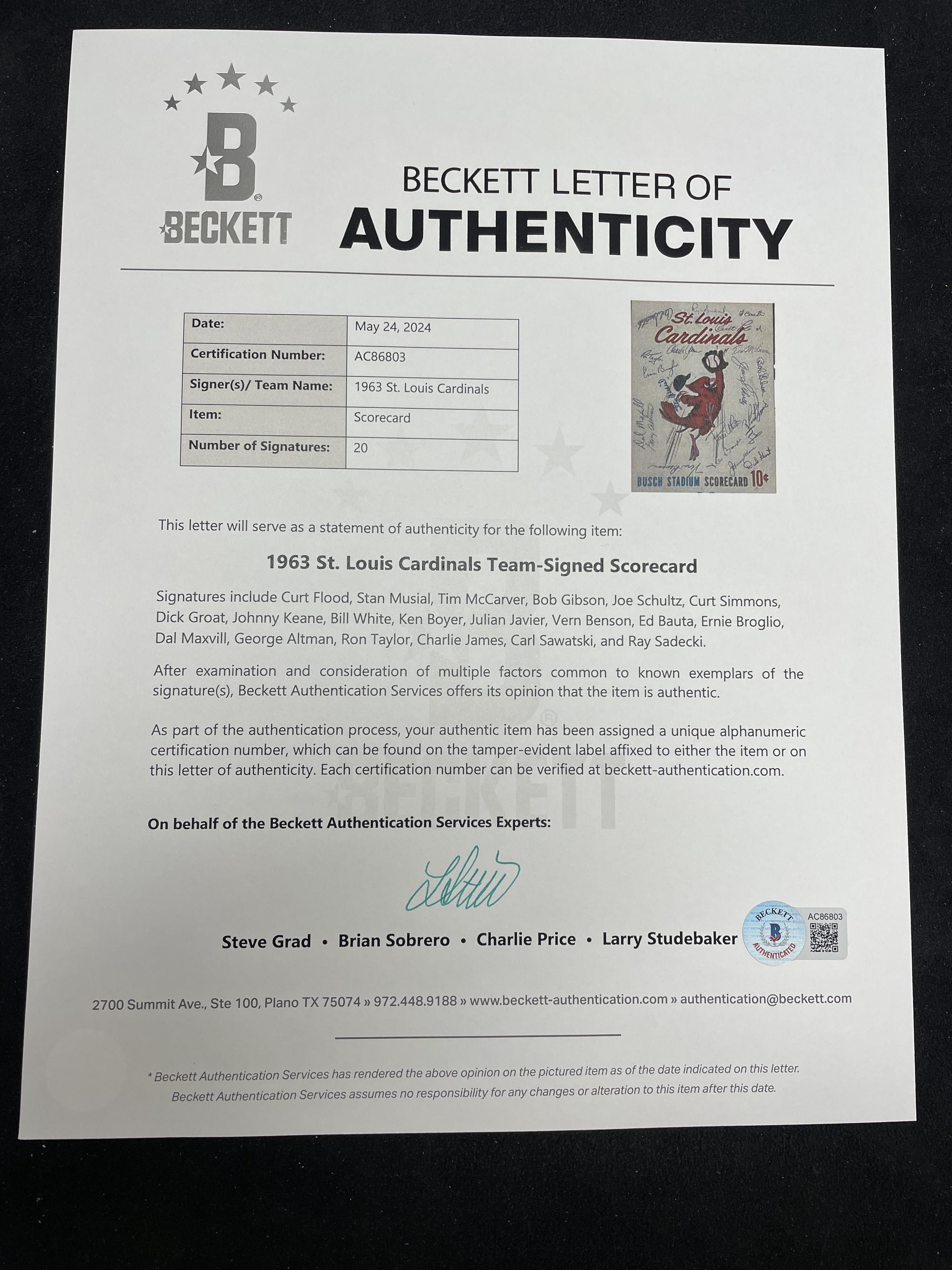 A 1963 St. Louis Cardinals Multi Signed Autograph Program Scorecard Featuring Stan Musial (Beckett Authentication Services)