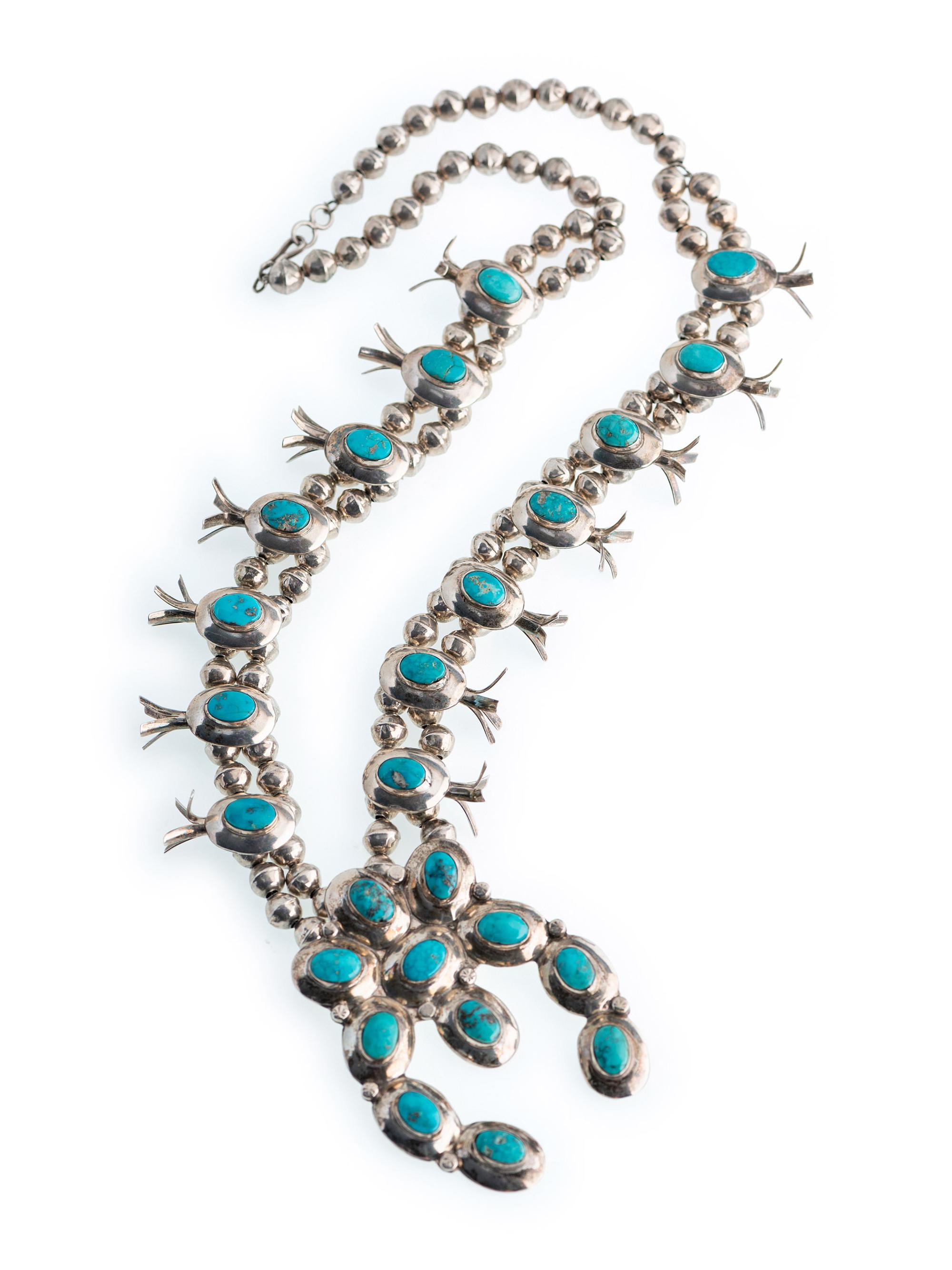 Navajo Silver and Turquoise Squash Blossom Necklace