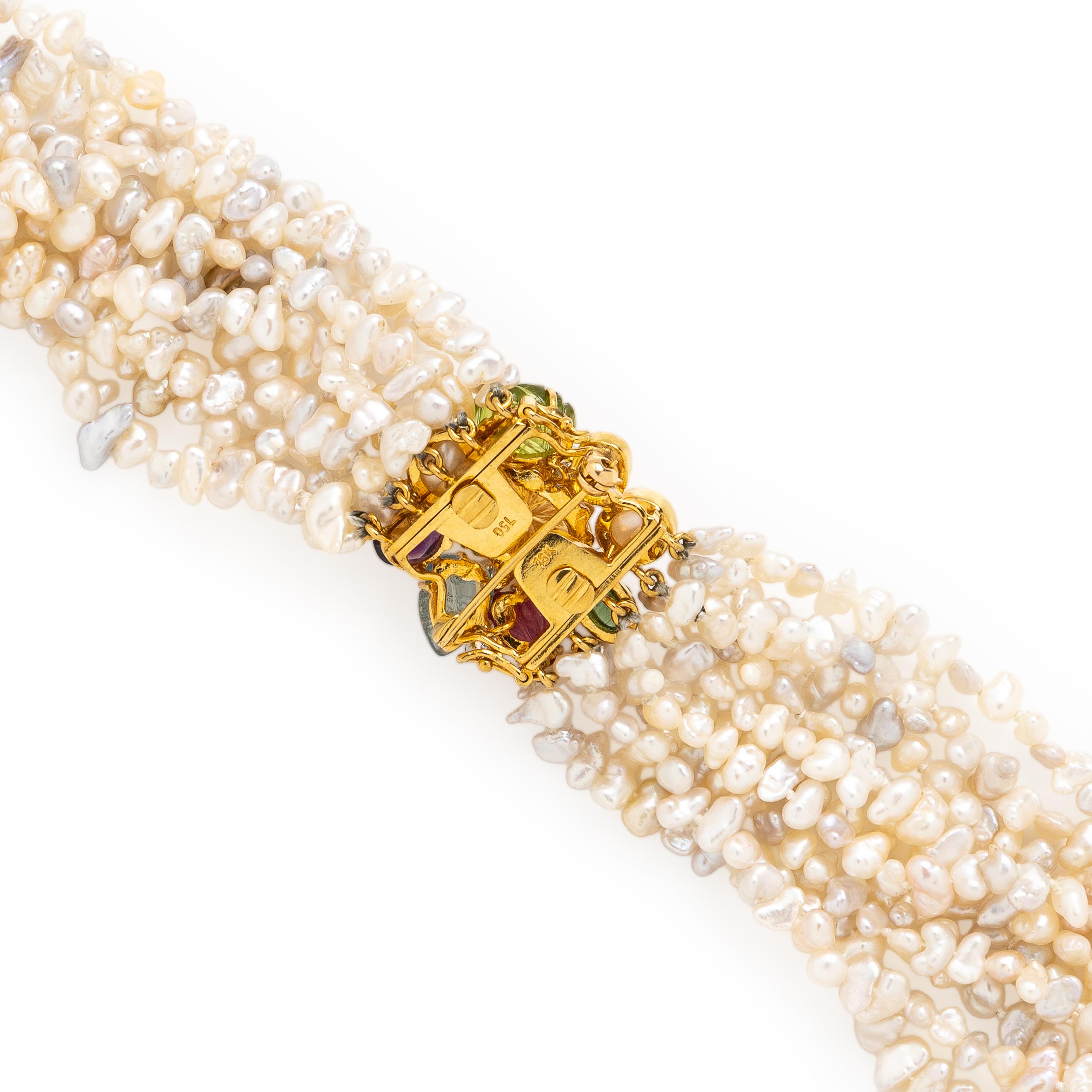 Multistrand Keshi Pearl, Yellow Gold, and Multigem Convertible Necklace