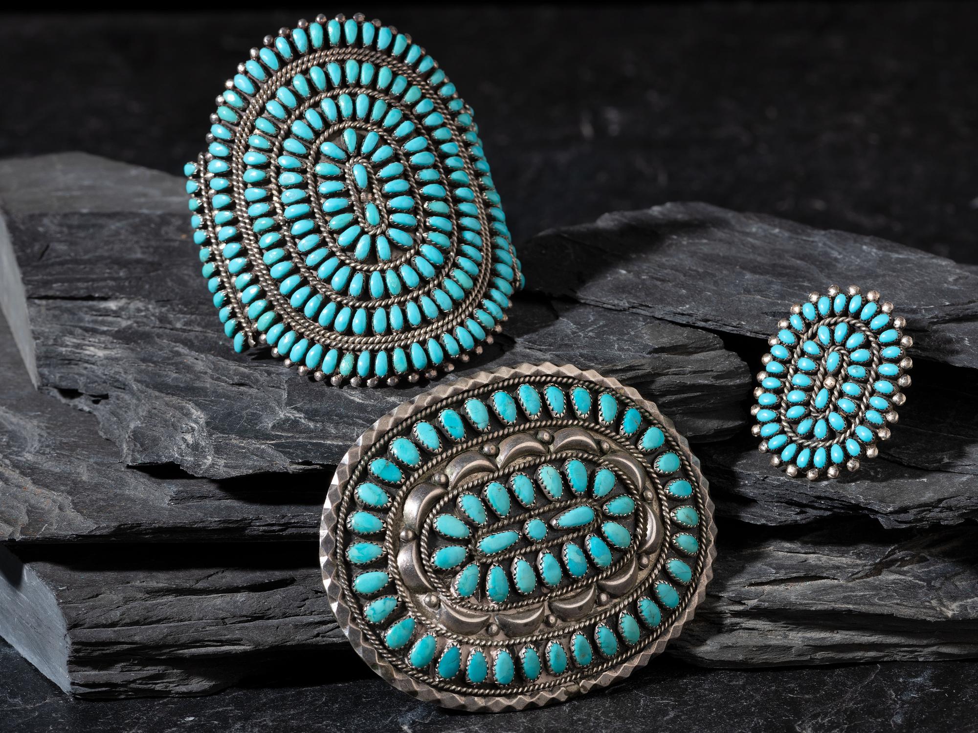 Group of Navajo or Zuni Silver and Turquoise Cluster Jewelry