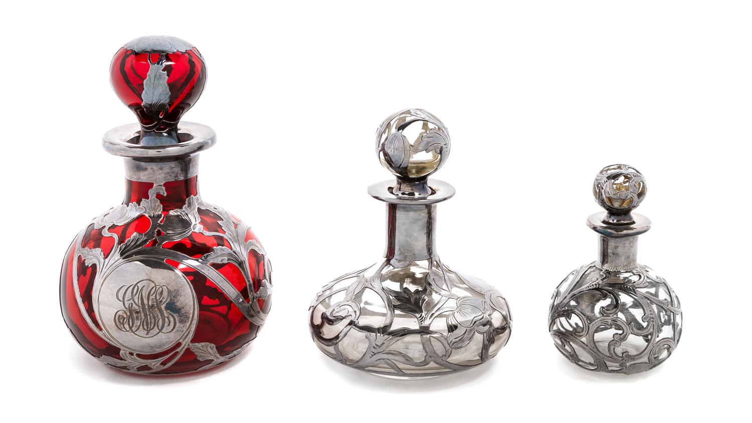 Three Silver Overlay Glass Perfume Bottles Height of tallest 5 1/4 inches — 19TH/20TH CENTURY