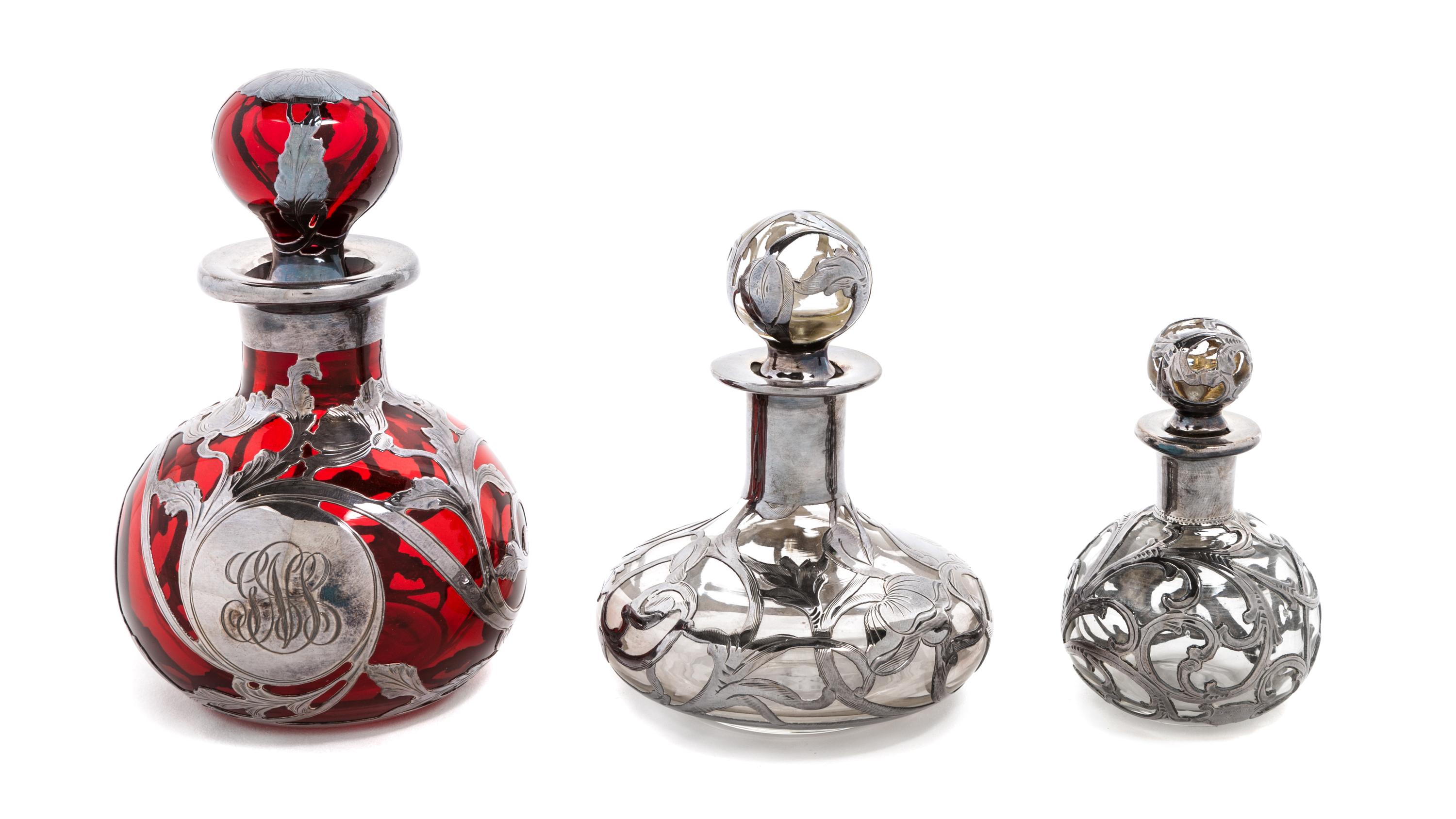 Three Silver Overlay Glass Perfume Bottles Height of tallest 5 1/4 inches — 19TH/20TH CENTURY