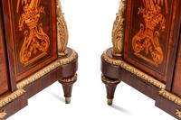 A Pair of Louis XVI Style Gilt Bronze Mounted Marquetry Marble-Top Cabinets