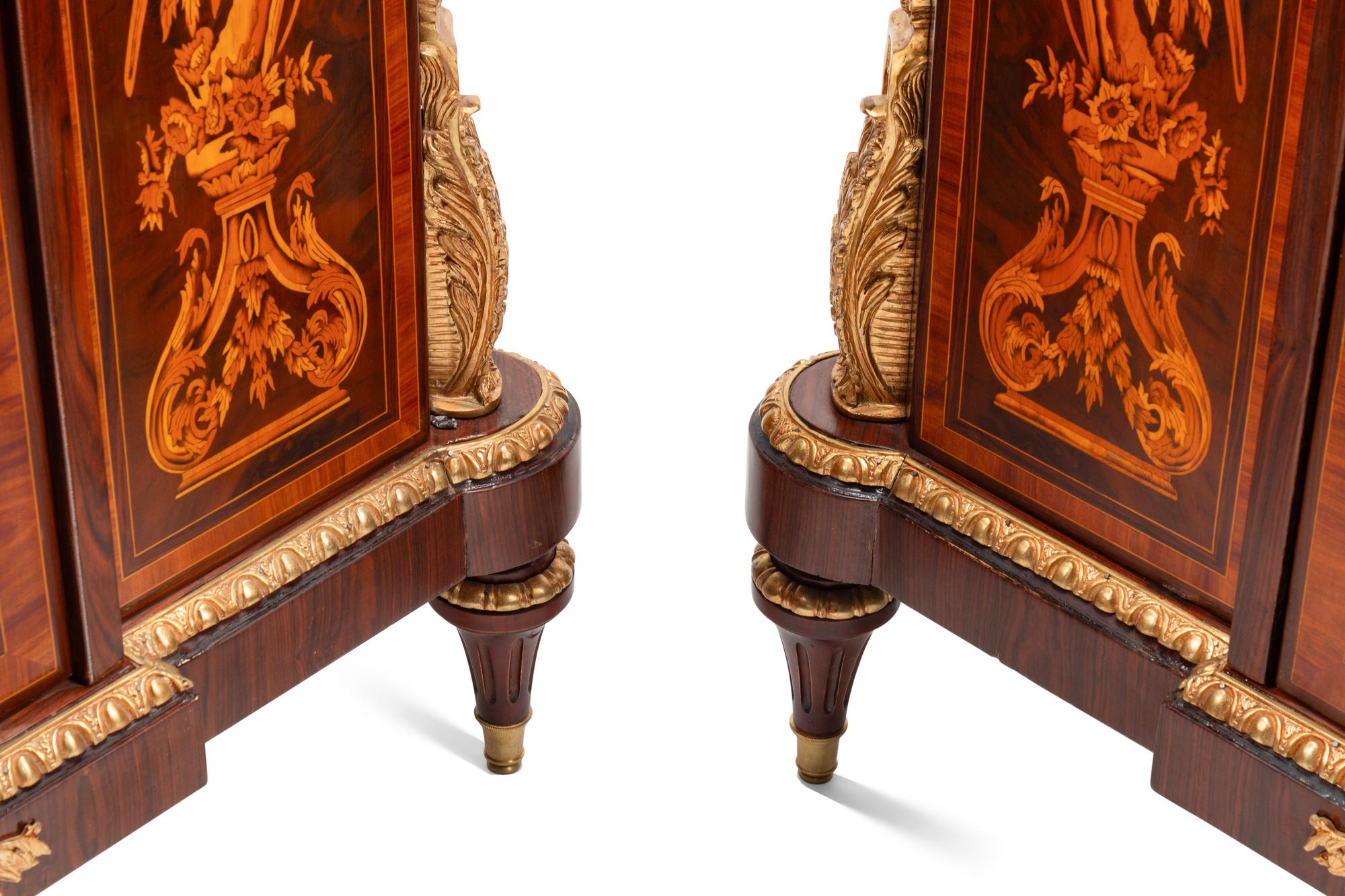 A Pair of Louis XVI Style Gilt Bronze Mounted Marquetry Marble-Top Cabinets