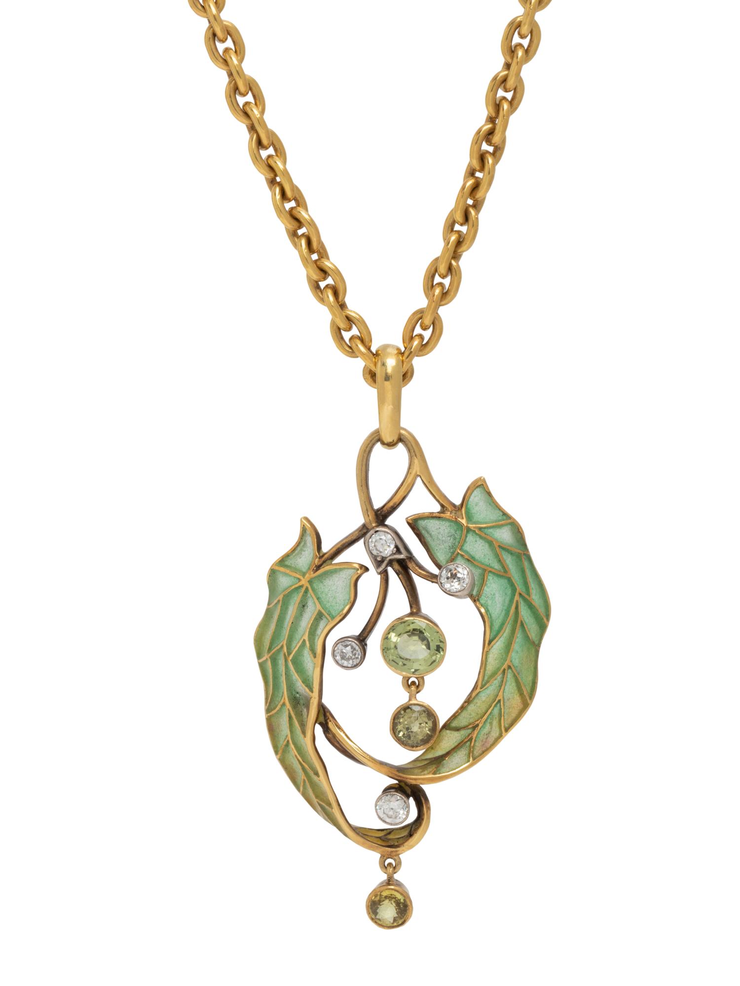 EVELYN CLOTHIER, PLIQUE-À-JOUR ENAMEL, GREEN SAPPHIRE AND DIAMOND PENDANT/NECKLACE