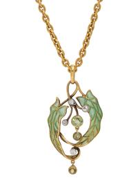 EVELYN CLOTHIER, PLIQUE-À-JOUR ENAMEL, GREEN SAPPHIRE AND DIAMOND PENDANT/NECKLACE