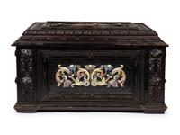 A Continental Baroque Style Hardstone Mounted Ebonized Table Casket