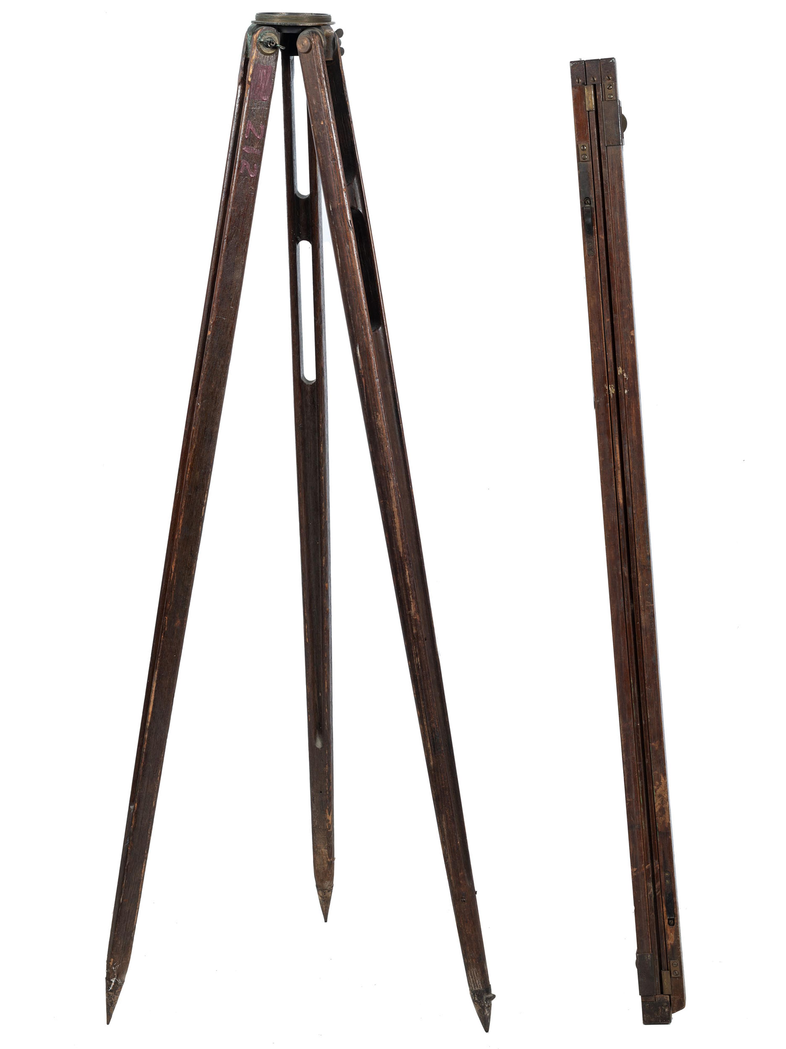 [SCIENCE & TECHNOLOGY]. 19th-century surveyor’s set, incl. optics, tripod, and measuring stick.