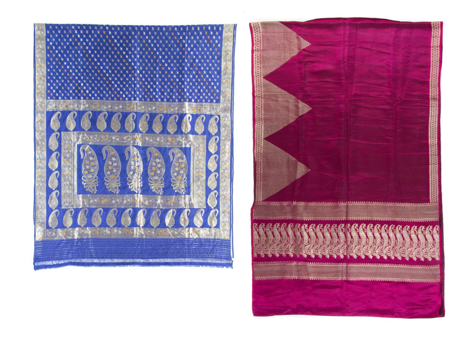 Two Indian Metallic Thread Embroidered Silk Saris Magenta example 192 x 43 inches. — MID-20TH CENTURY
