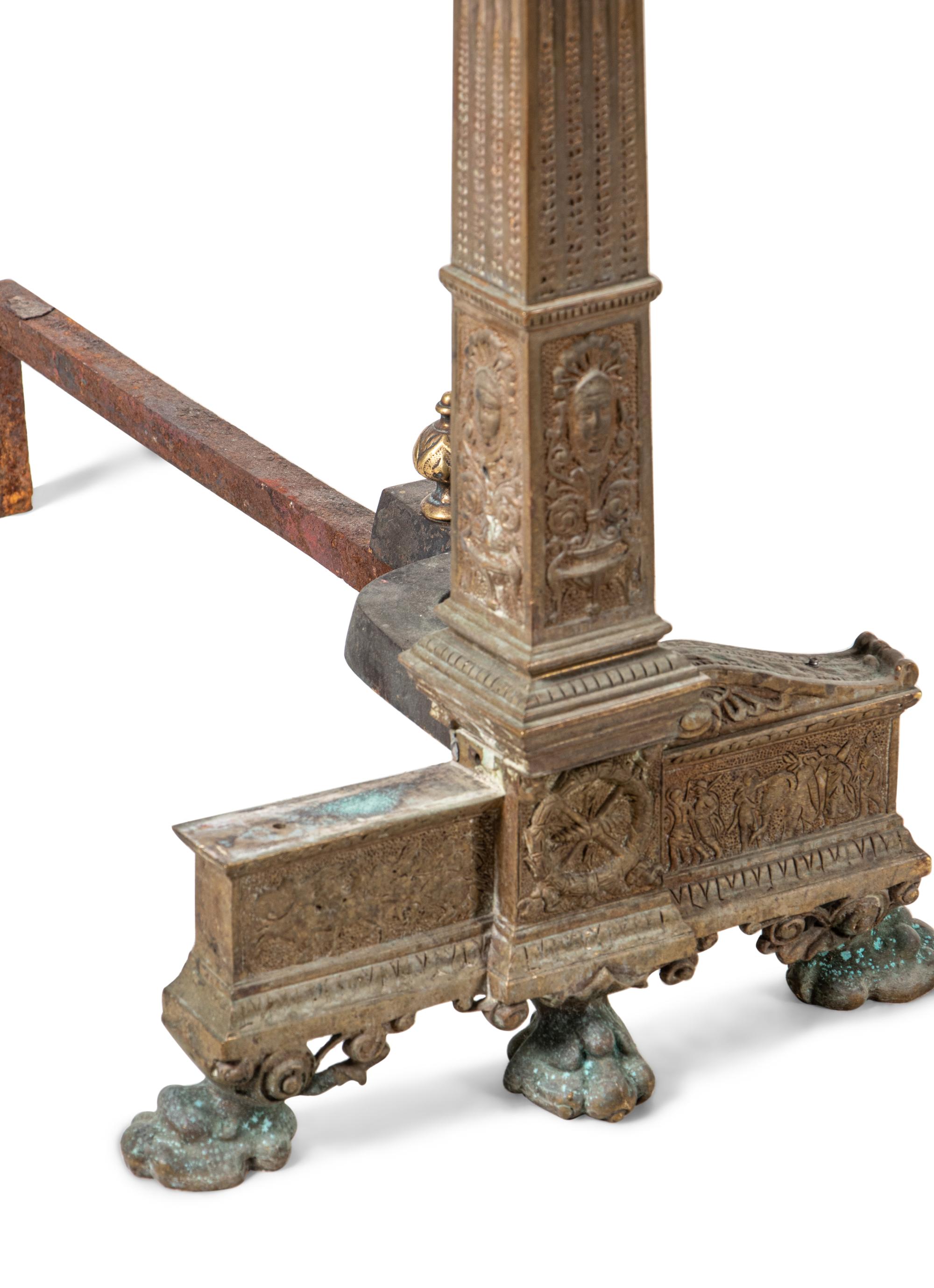 A Pair of Continental Gilt Bronze Andirons with Corinthian Columnar Capitals