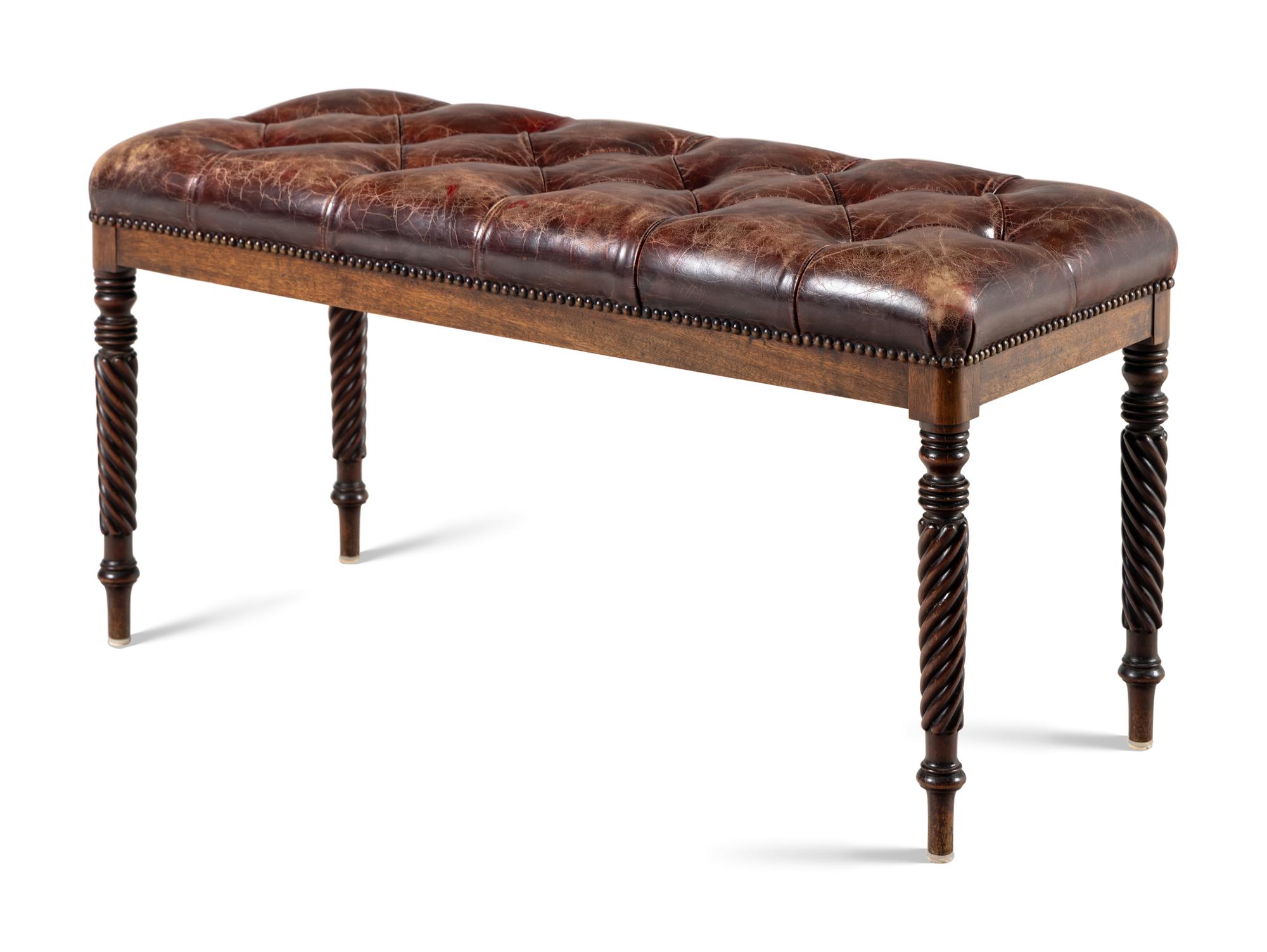 A Button-Tufted Leather Upholstered Bench