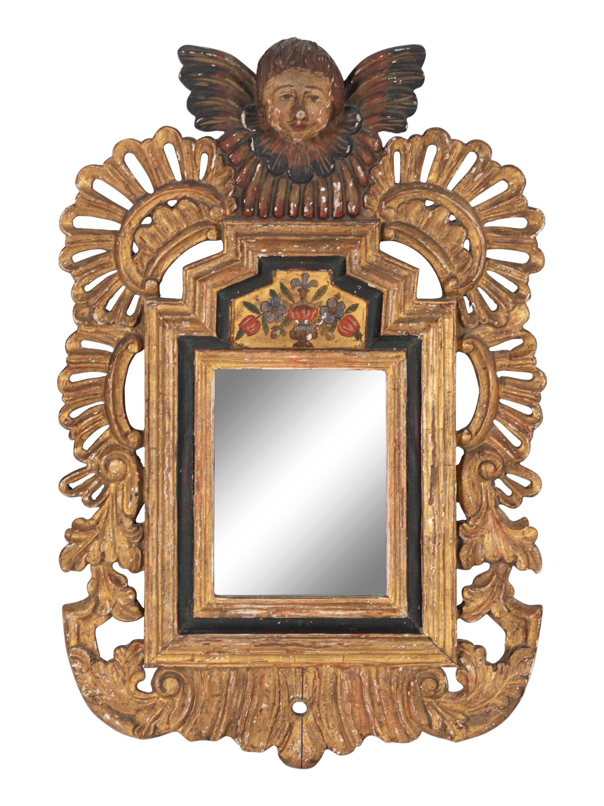 A Continental Style Carved and Polychrome Painted Mirror