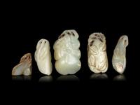 Five Chinese Celadon Jade Carved Figures of Fruits