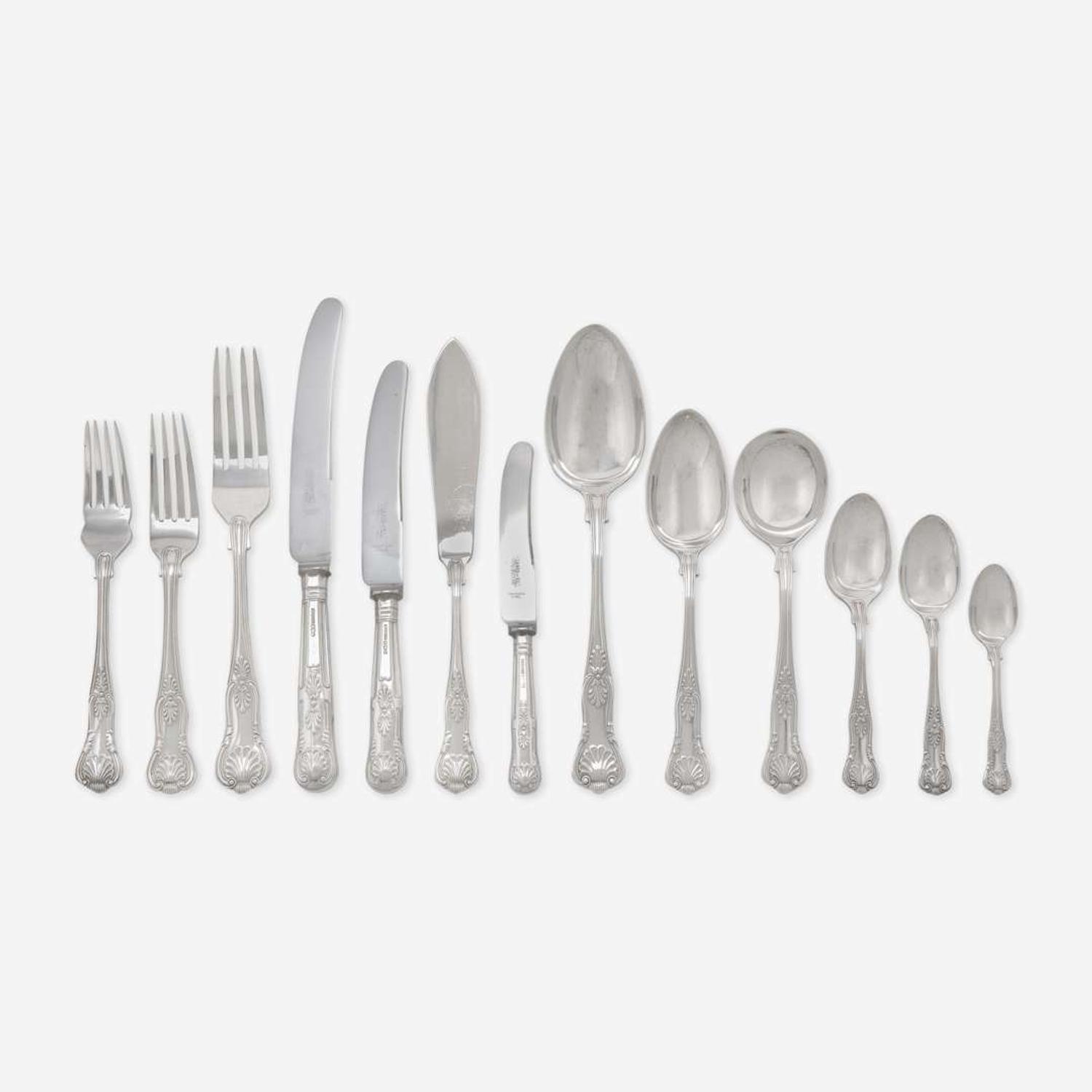 An assembled sterling silver flatware service in the "King" pattern Most by Walker & Hall, Sheffield, 1961, 1964, and 1967