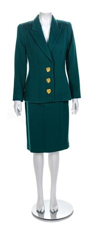 Valentino Miss V Green Wool Herringbone Skirt Suit, 1990-2000s Size label: 10