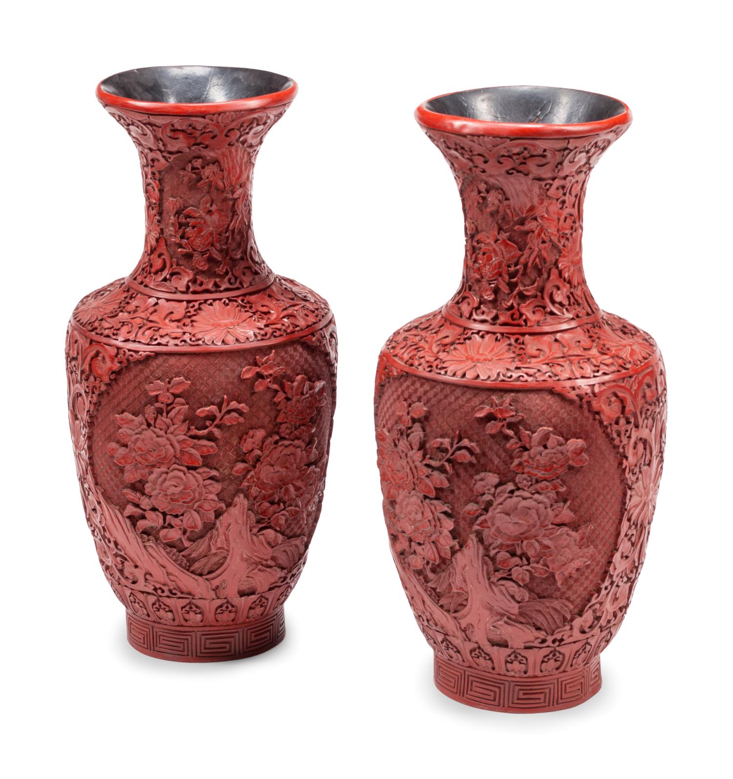A Pair of Chinese Export Carved Red Lacquer Vases