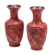 A Pair of Chinese Export Carved Red Lacquer Vases