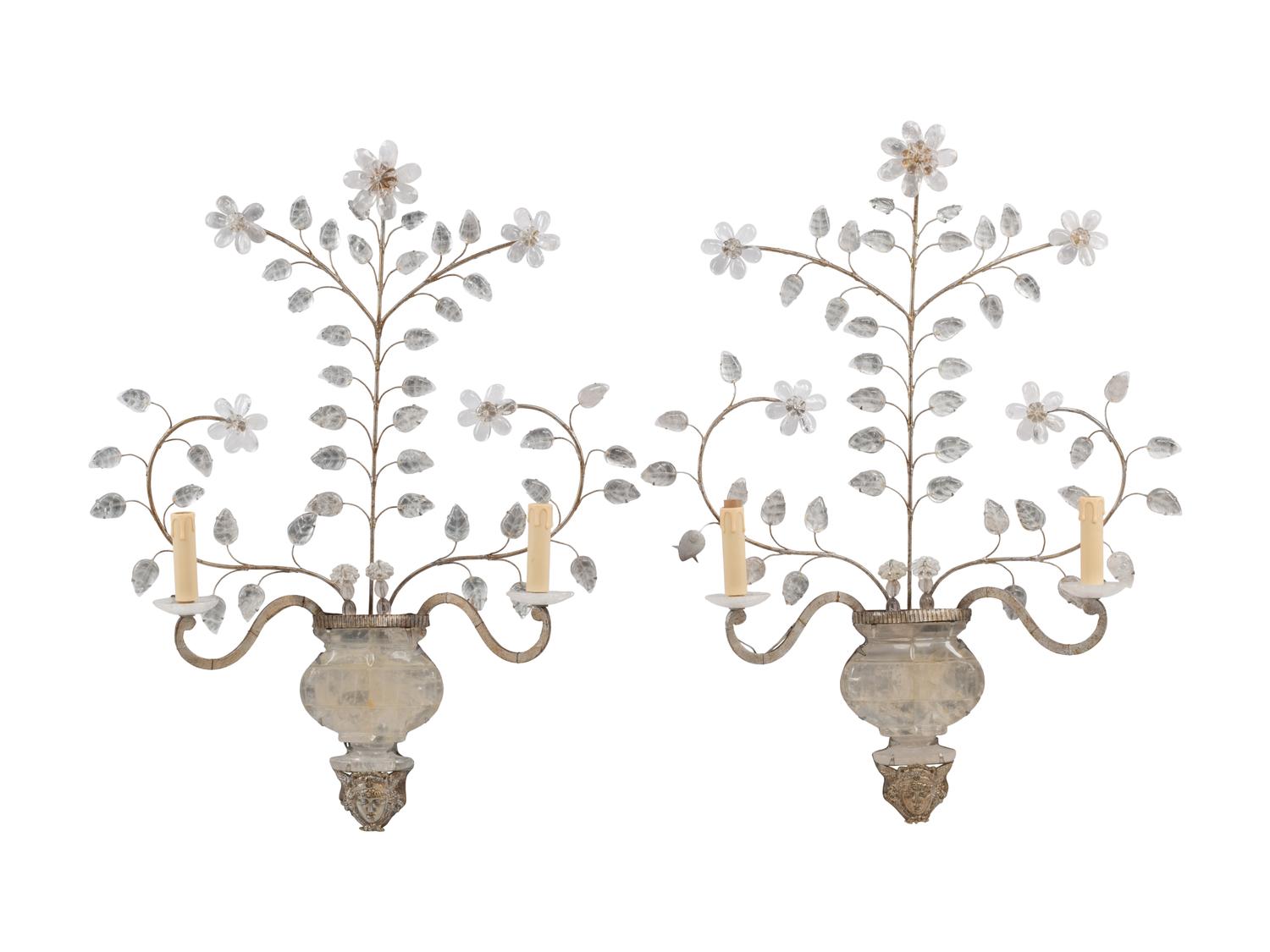 A Pair of Silvered Metal and Rock Crystal Two-Light Sconces in the Style of Maison Baguès