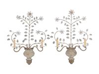A Pair of Silvered Metal and Rock Crystal Two-Light Sconces in the Style of Maison Baguès