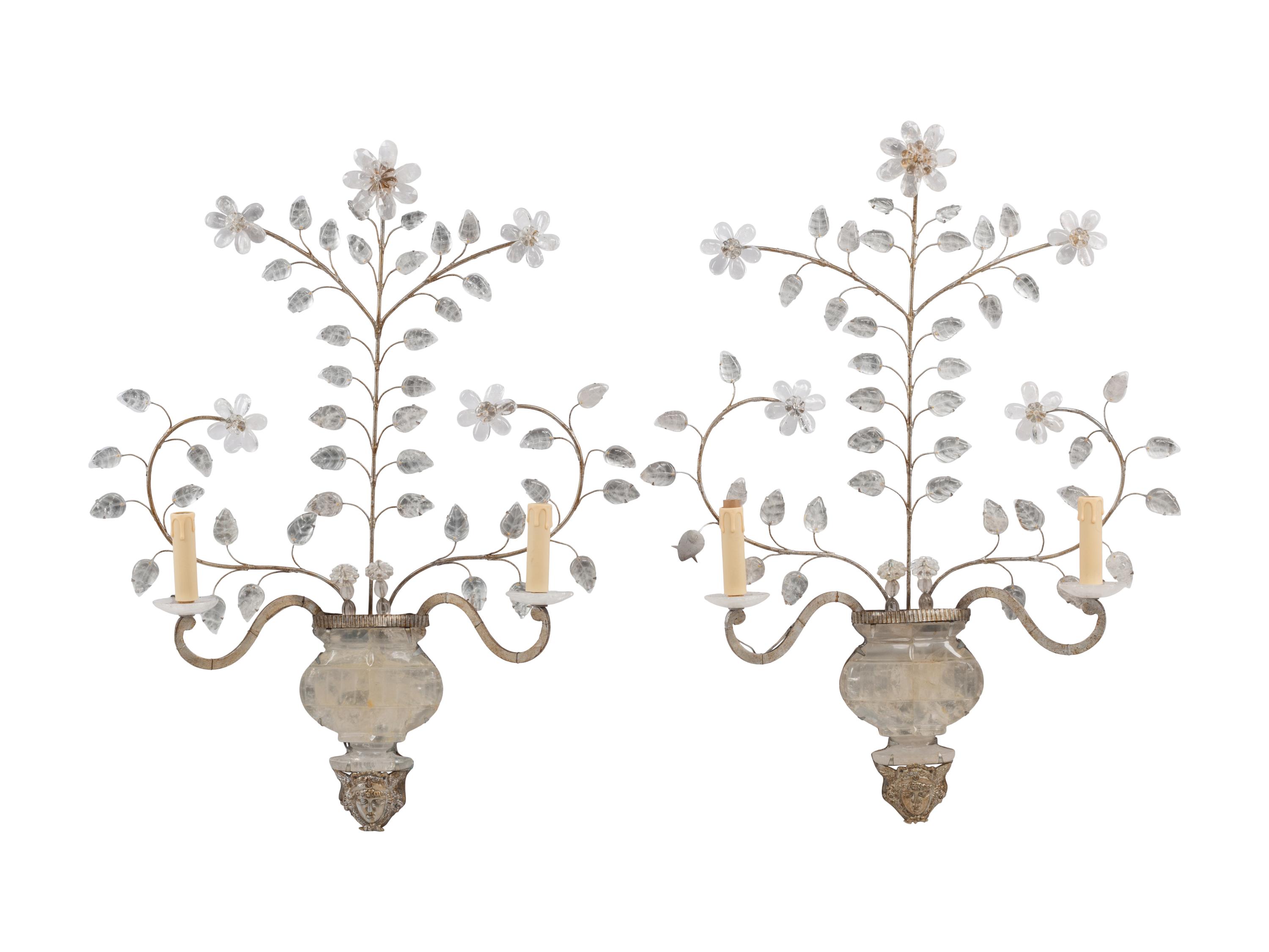 A Pair of Silvered Metal and Rock Crystal Two-Light Sconces in the Style of Maison Baguès