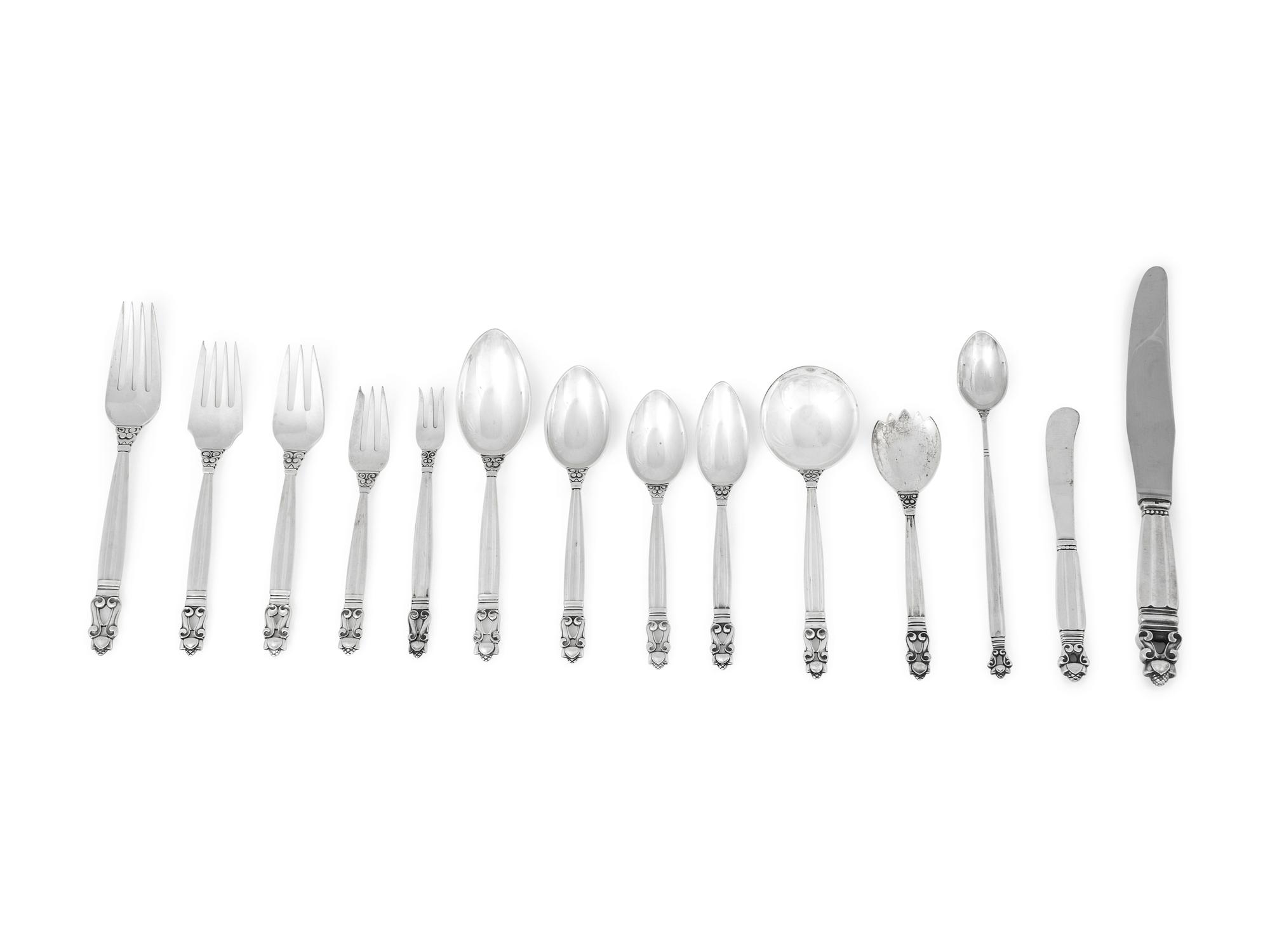 A Georg Jensen Acorn Pattern Assembled Silver Flatware Service