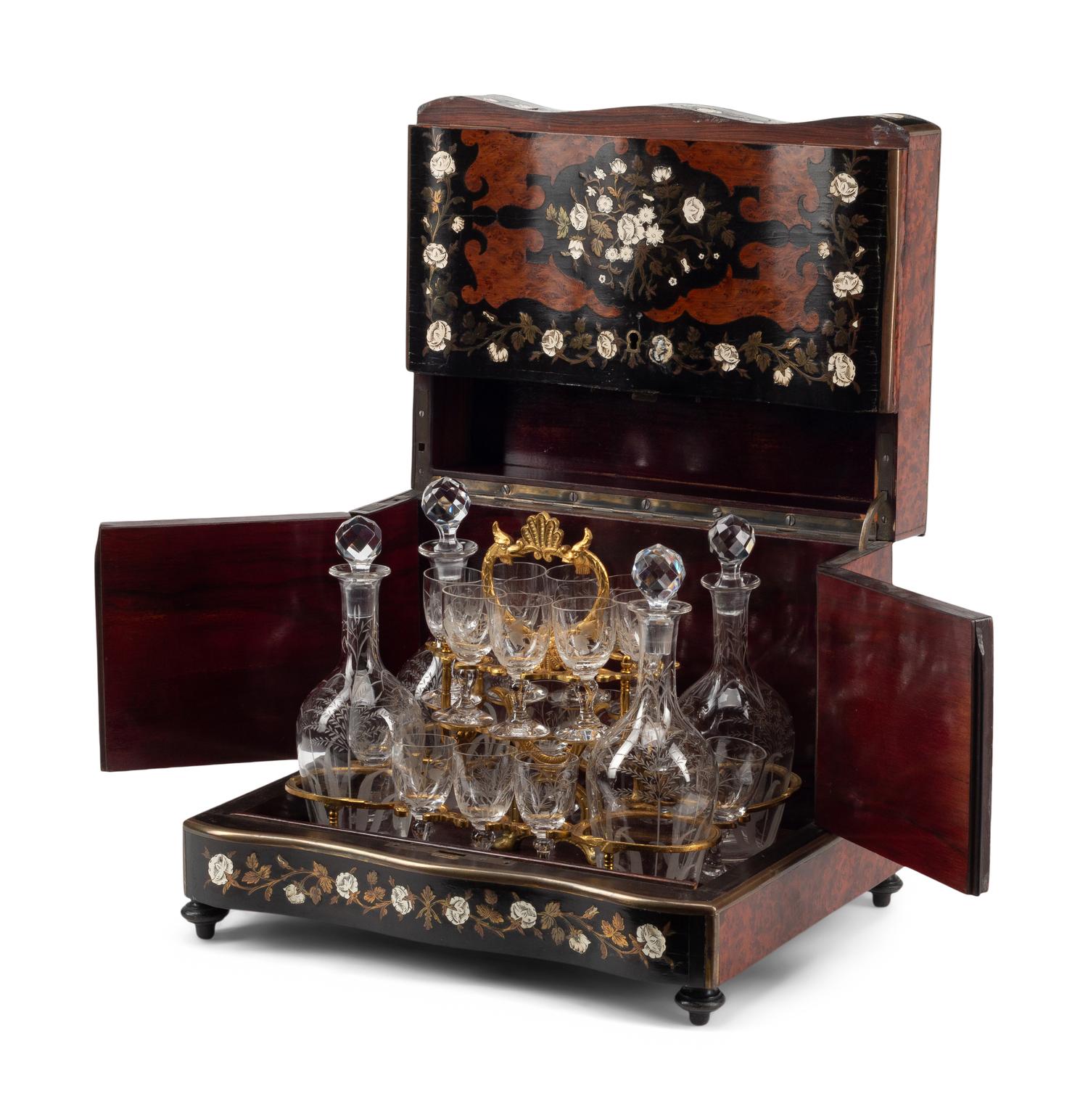 A French Burl Amboyna and Brass-Inlaid Cave à Liqueur
