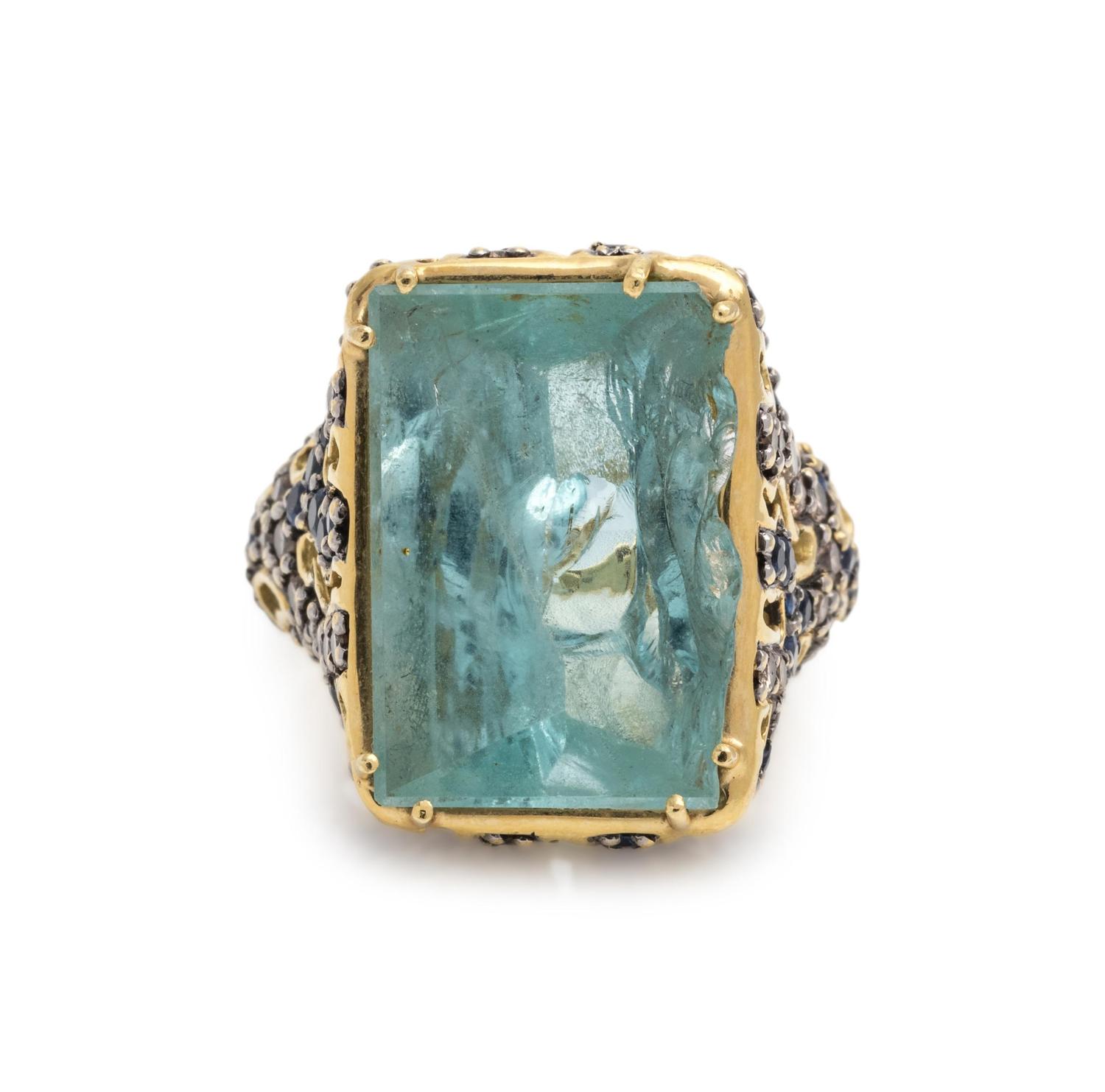 ROBERT WANDER, AQUAMARINE, DIAMOND AND SAPPHIRE RING
