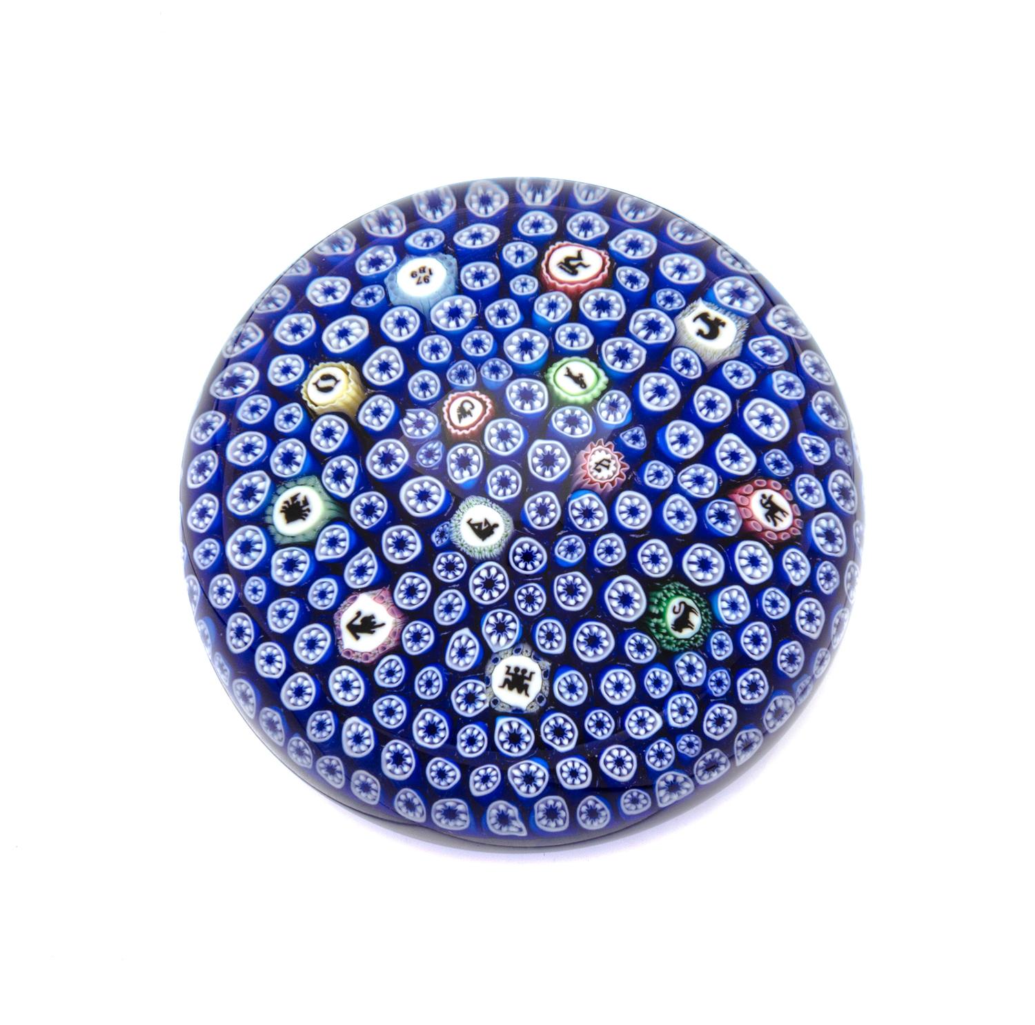 Baccarat, , carpet ground with many figural cranes paperweight, dated 1979