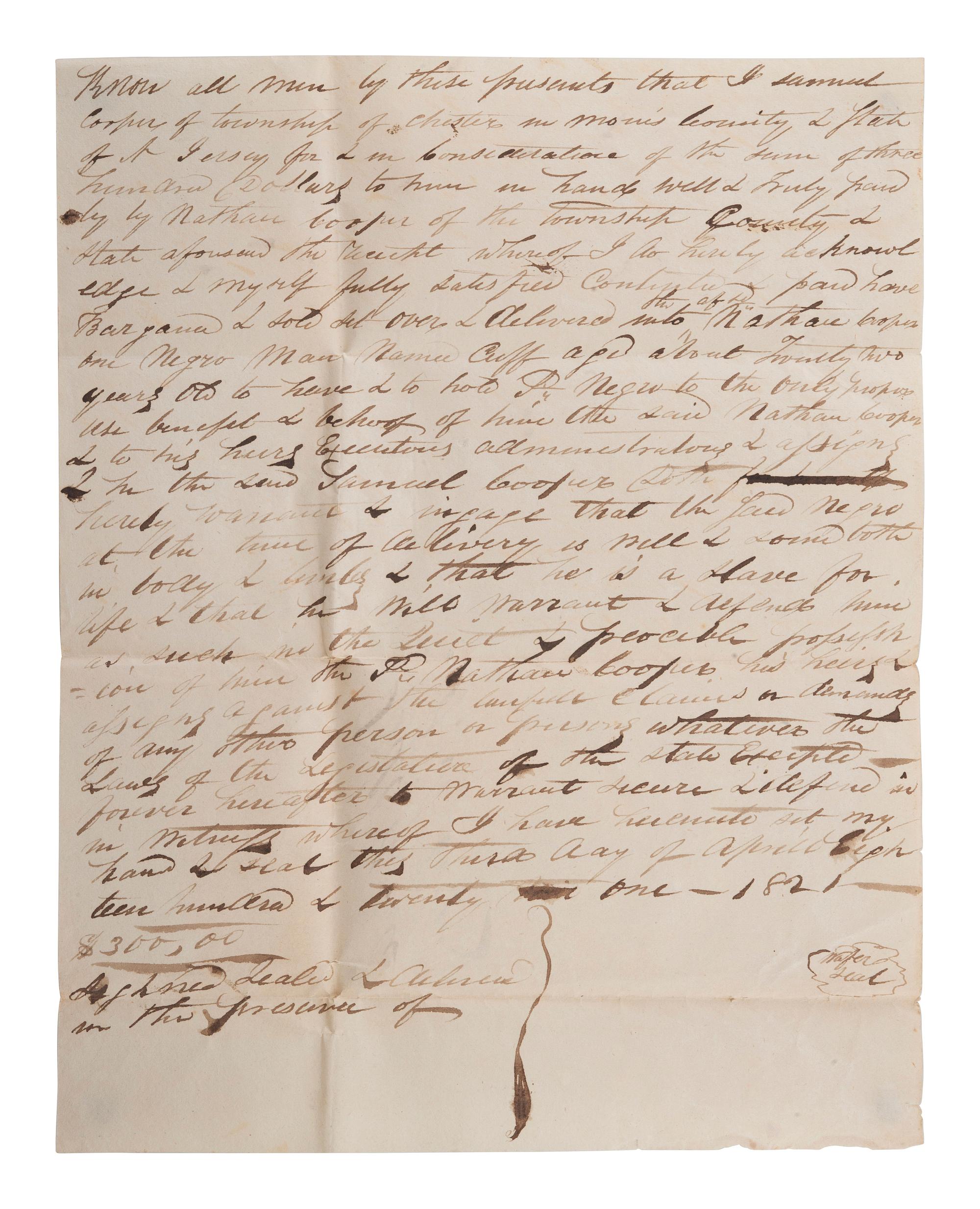 [SLAVERY & ABOLITION]. Manuscript bill of sale for an enslaved man named Cuff. New Jersey, 3 April 1821.