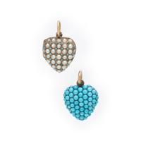 ANTIQUE, TWO HEART LOCKETS WITH TURQUOISE AND SEED PEARLS