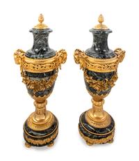 A Pair of Louis XVI Style Gilt Bronze and Marble Urns