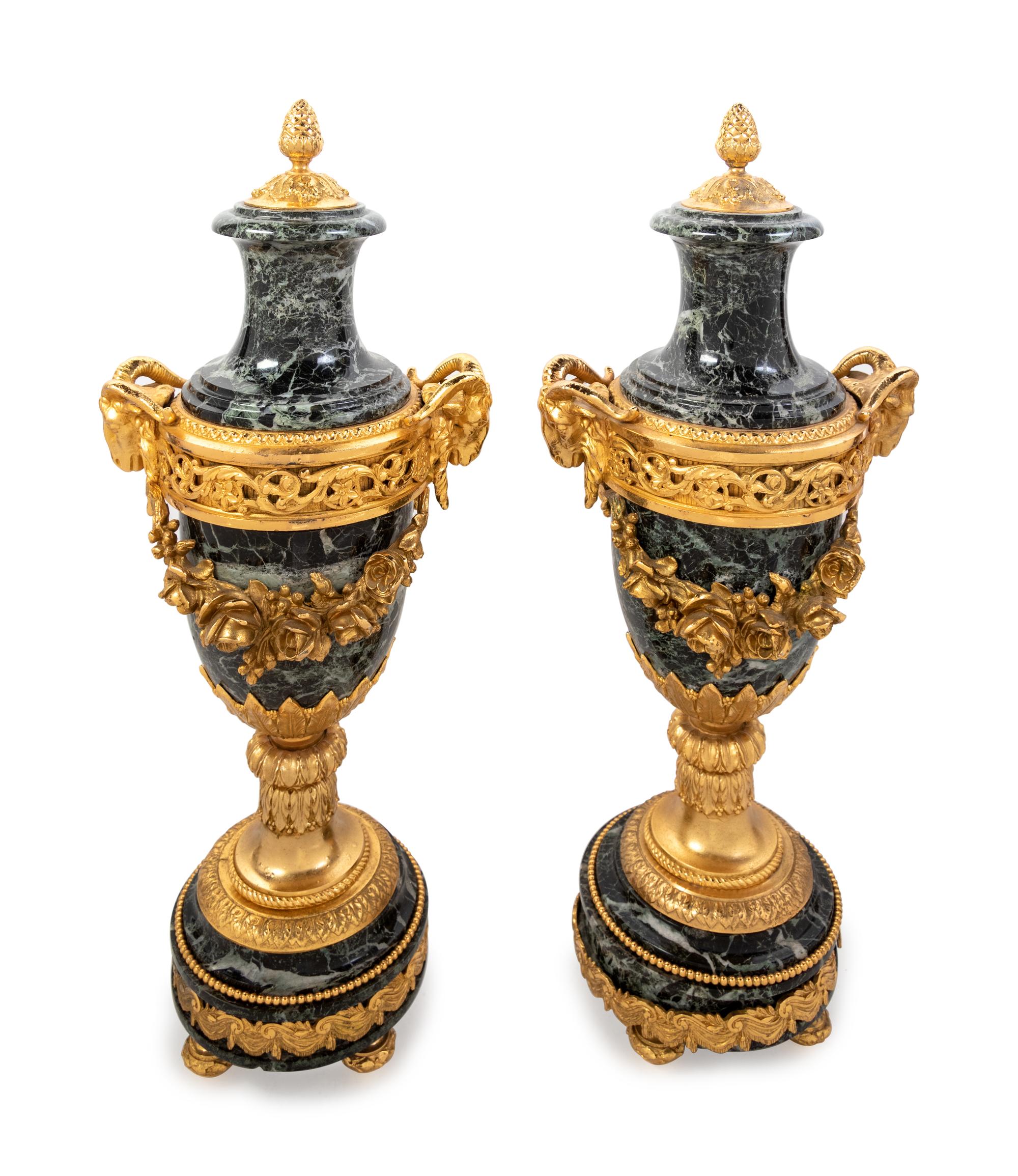 A Pair of Louis XVI Style Gilt Bronze and Marble Urns