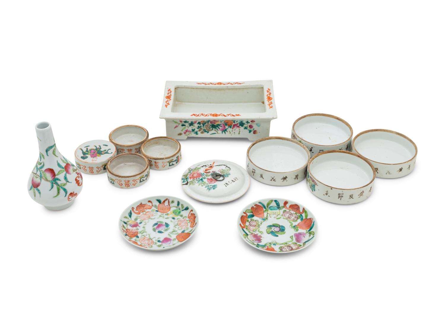 Six Chinese Familles Rose 'Flowers and Peaches' Porcelain Articles