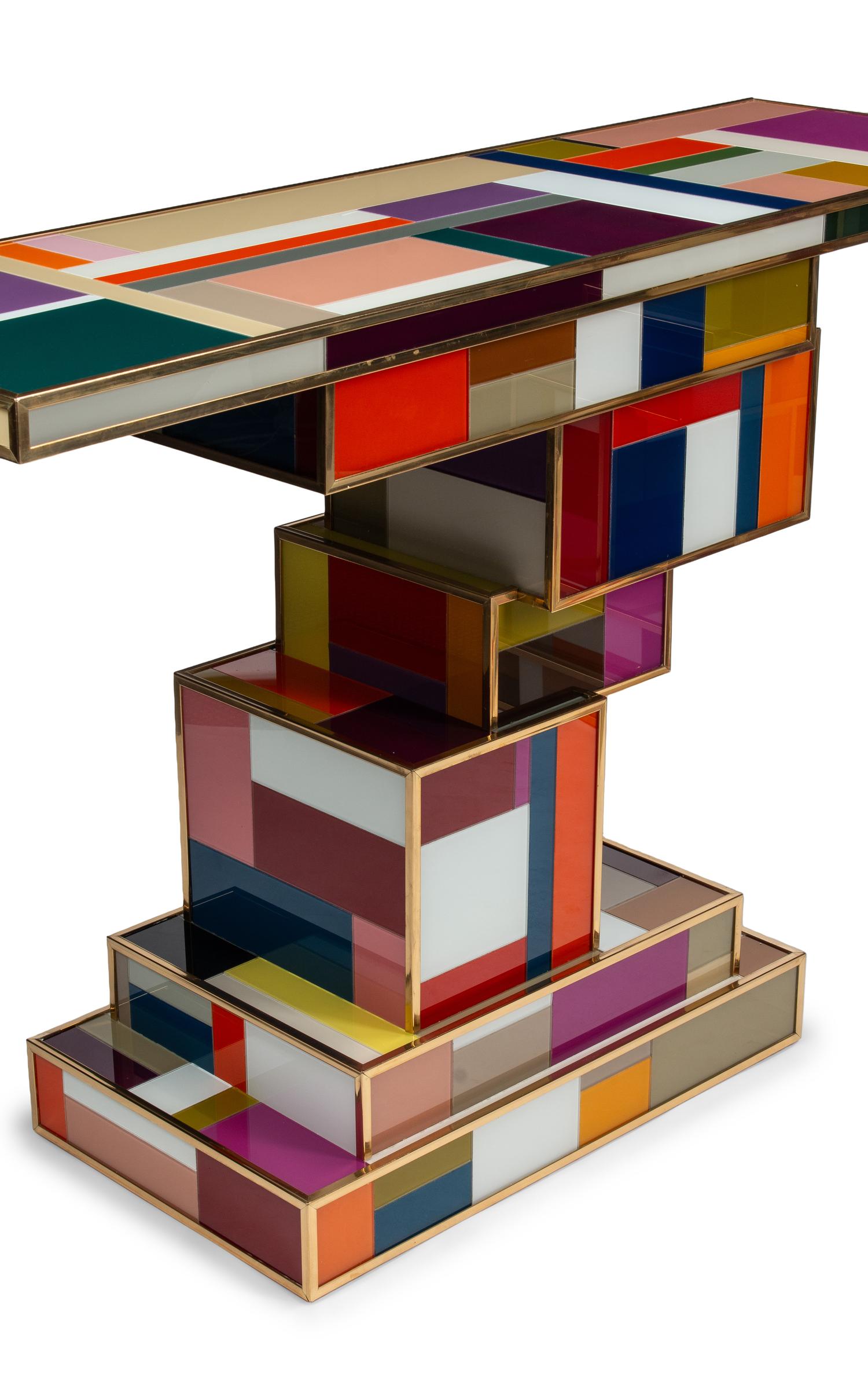 A Pair of Modernist Brass and Polychrome Glass Console Tables