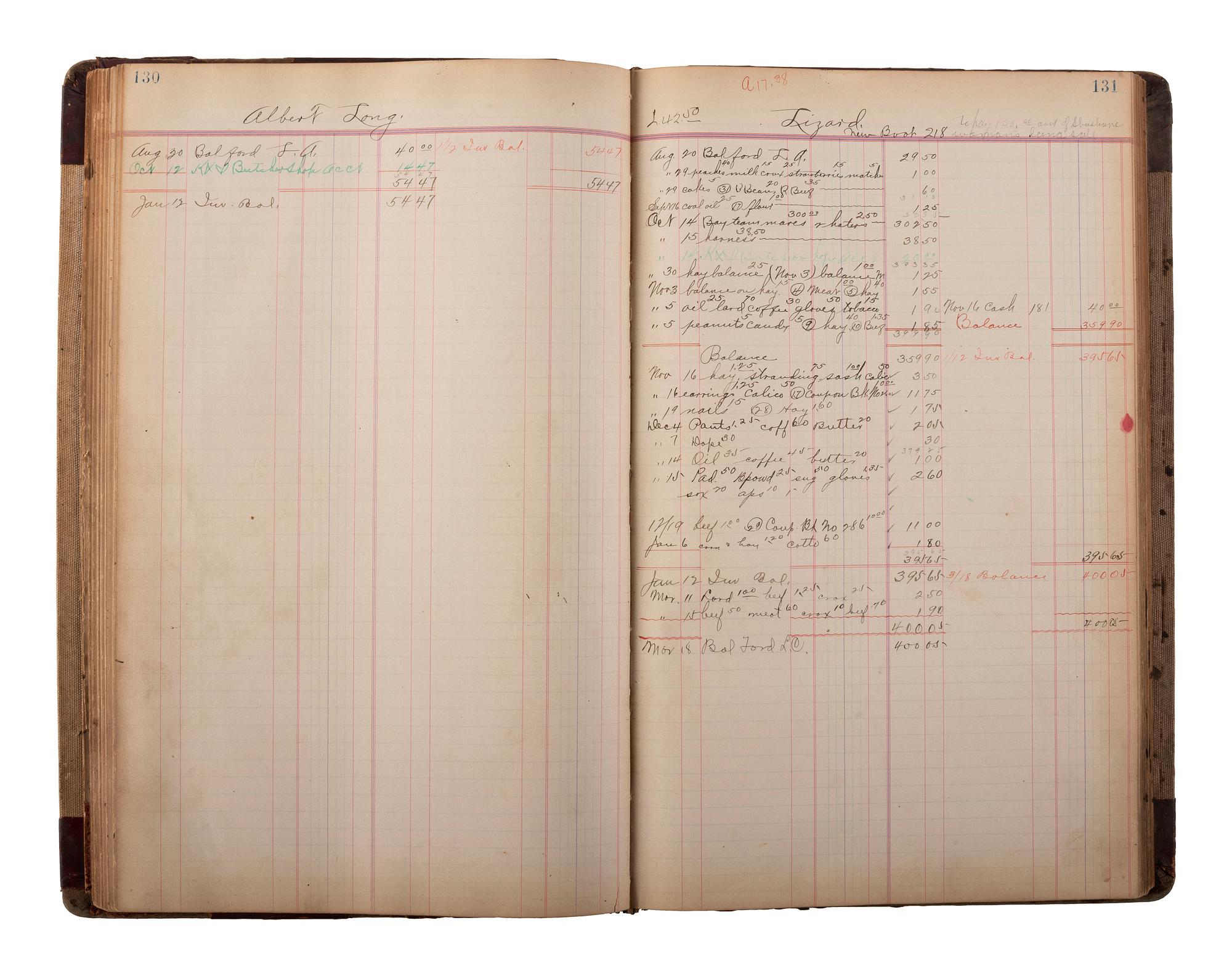[NATIVE AMERICAN] -- [OKLAHOMA TERRITORY]. Manuscript ledger from trading post at Cloud Chief, Oklahoma Territory, with detailed purchase records for members of the Cheyenne and Arapaho Tribe, ca 1903-1904.