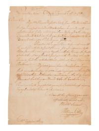 [REVOLUTIONARY WAR - SIEGE OF CHARLESTON]. ALLEN, William (1704-1780). Autograph letter signed ("William Allen"), to Cyprian Stormy[?]. Morris-Town, [NJ], 4 April 1780.