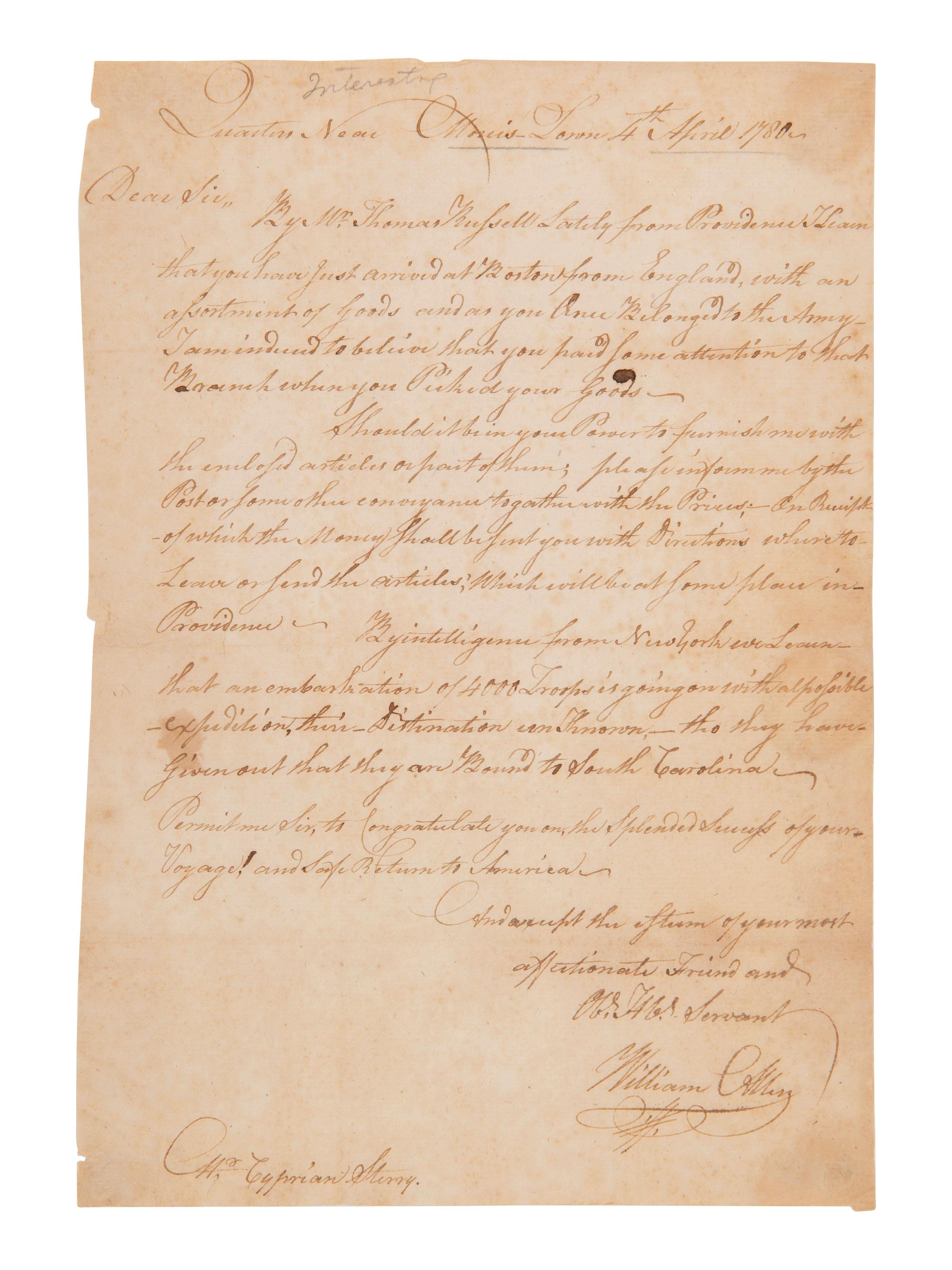 [REVOLUTIONARY WAR - SIEGE OF CHARLESTON]. ALLEN, William (1704-1780). Autograph letter signed ("William Allen"), to Cyprian Stormy[?]. Morris-Town, [NJ], 4 April 1780.
