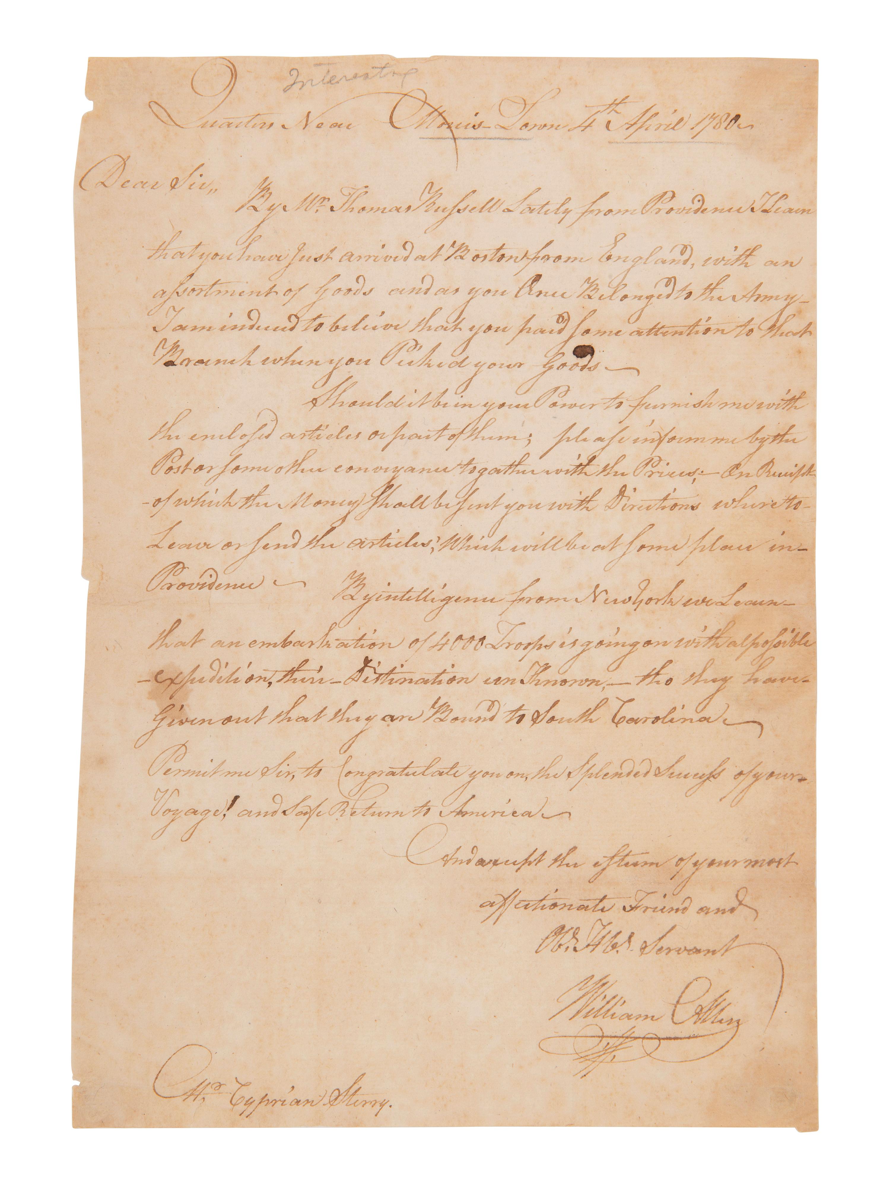 [REVOLUTIONARY WAR - SIEGE OF CHARLESTON]. ALLEN, William (1704-1780). Autograph letter signed ("William Allen"), to Cyprian Stormy[?]. Morris-Town, [NJ], 4 April 1780.