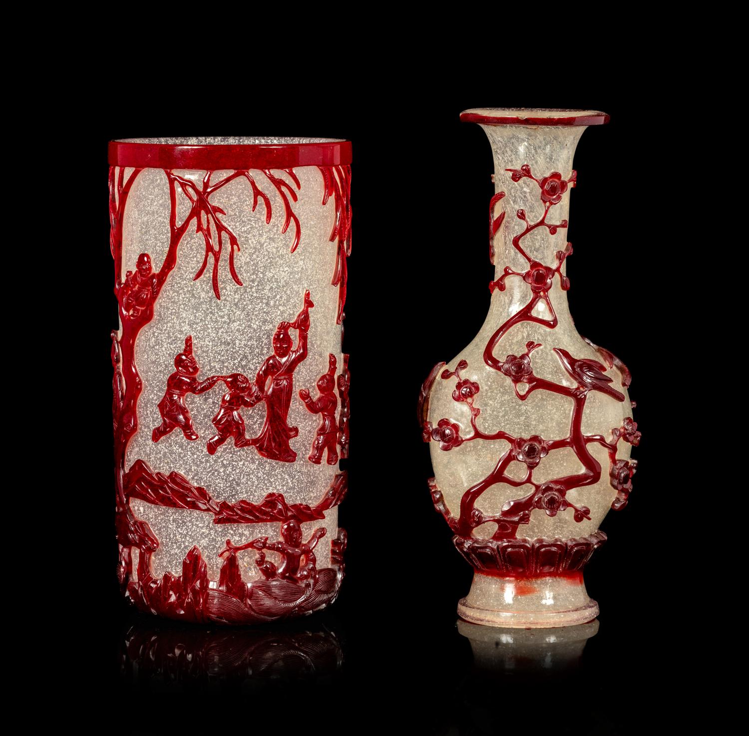 Two Chinese Ruby-Red Overlay Snowflake Ground Glass Vessels