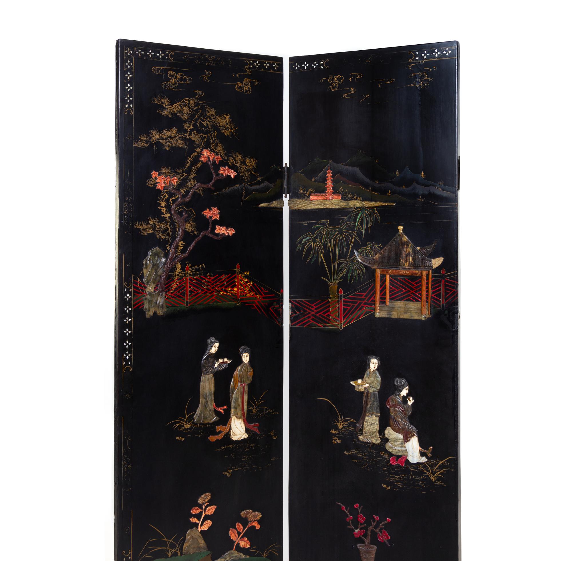 A Chinese Hardstone Inset Floor Screen