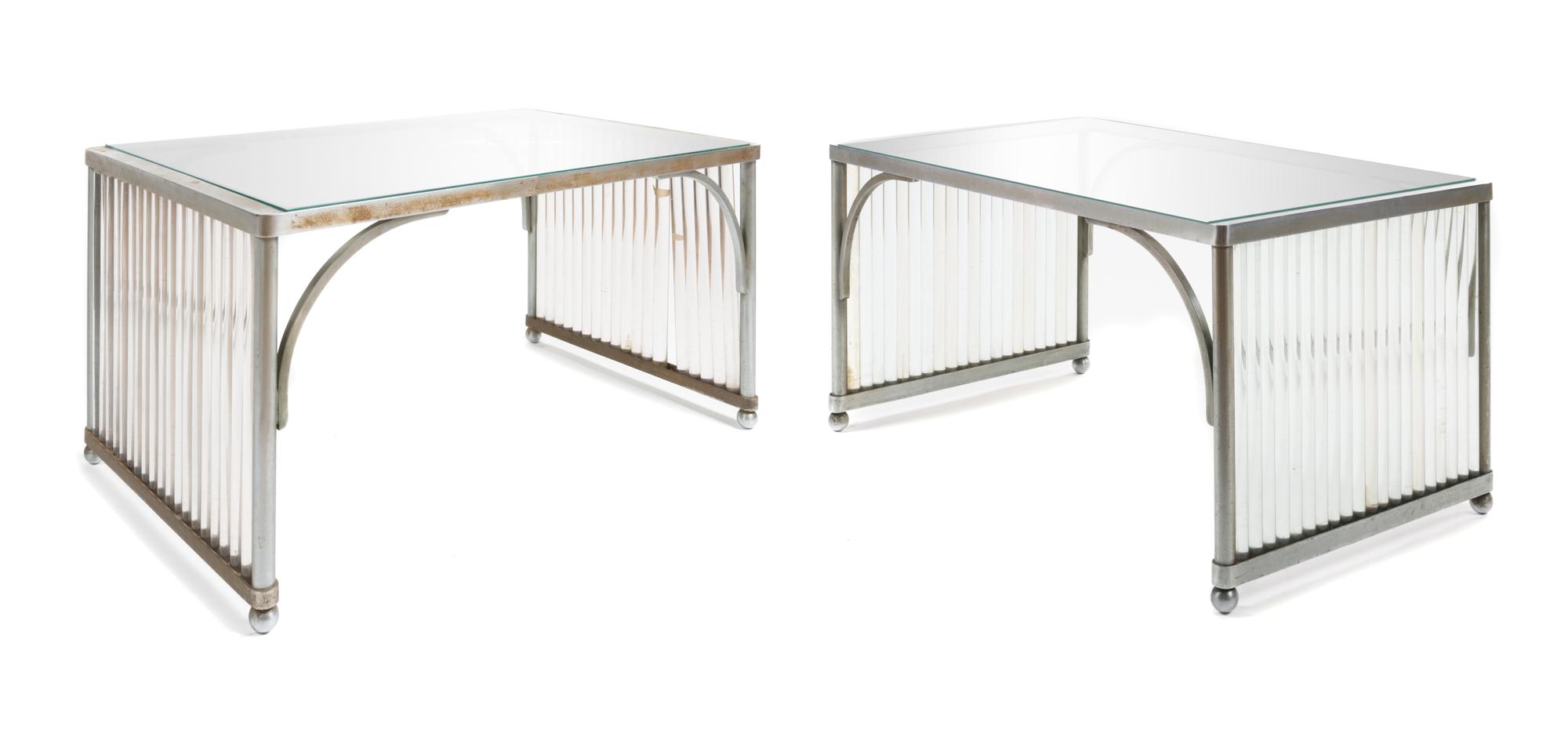 A Pair of Art Deco Glass and Steel Tables, FIRST HALF 20TH CENTURY, inspired by the "English Drawing Room of the Modern Period" Thorne