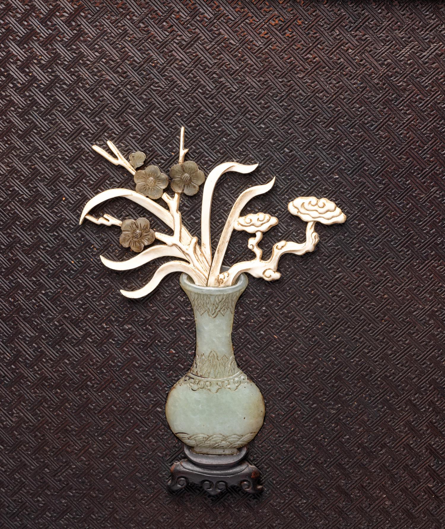A Chinese Jade and Hardstone Inset Hardwood Wall Panel