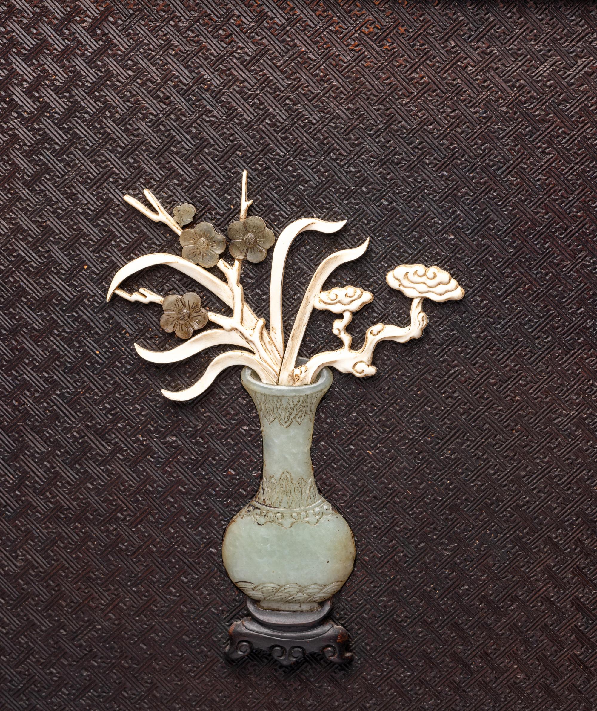 A Chinese Jade and Hardstone Inset Hardwood Wall Panel