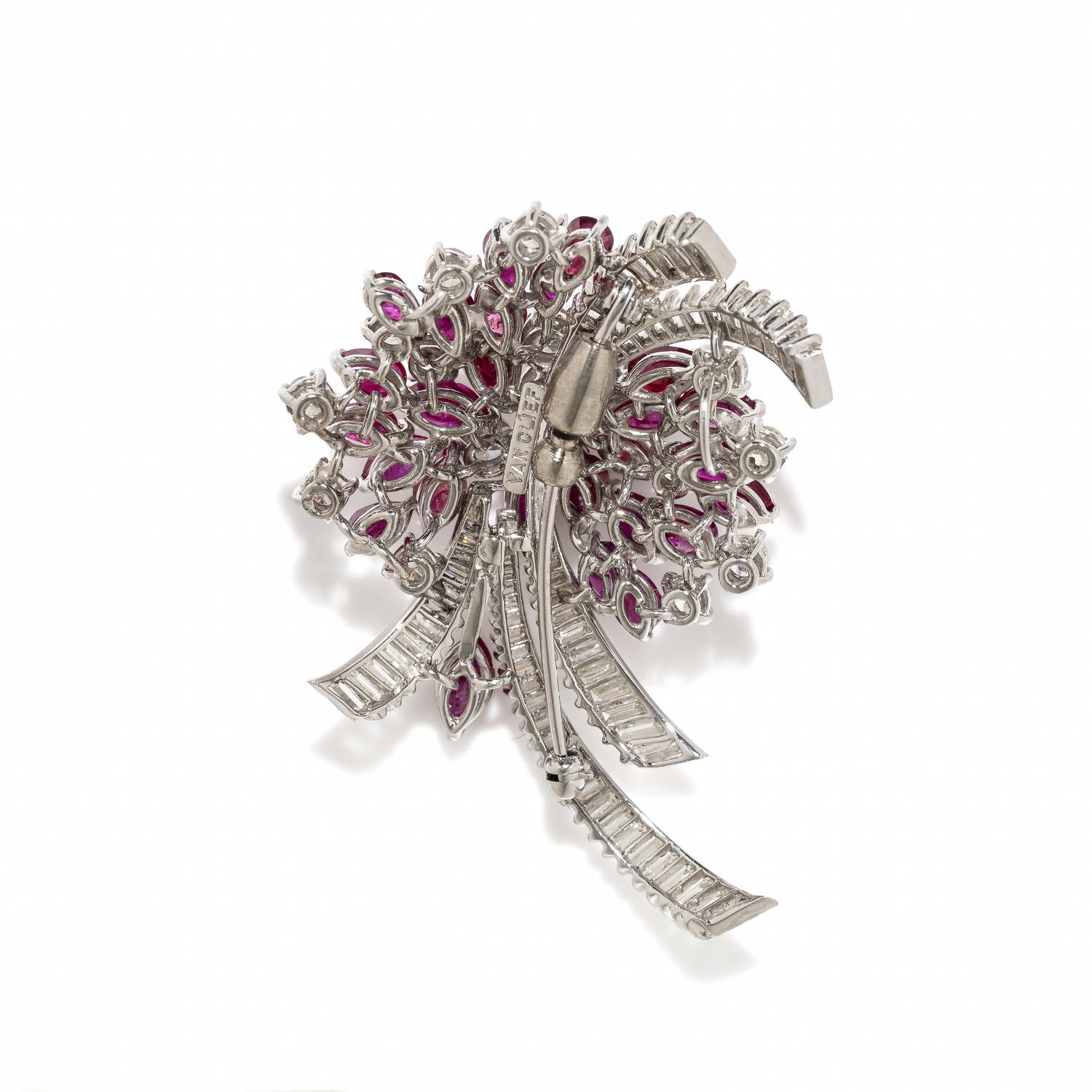 GLASS-FILLED RUBY AND DIAMOND FLOWER BROOCH