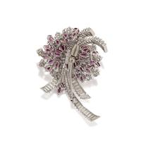 GLASS-FILLED RUBY AND DIAMOND FLOWER BROOCH